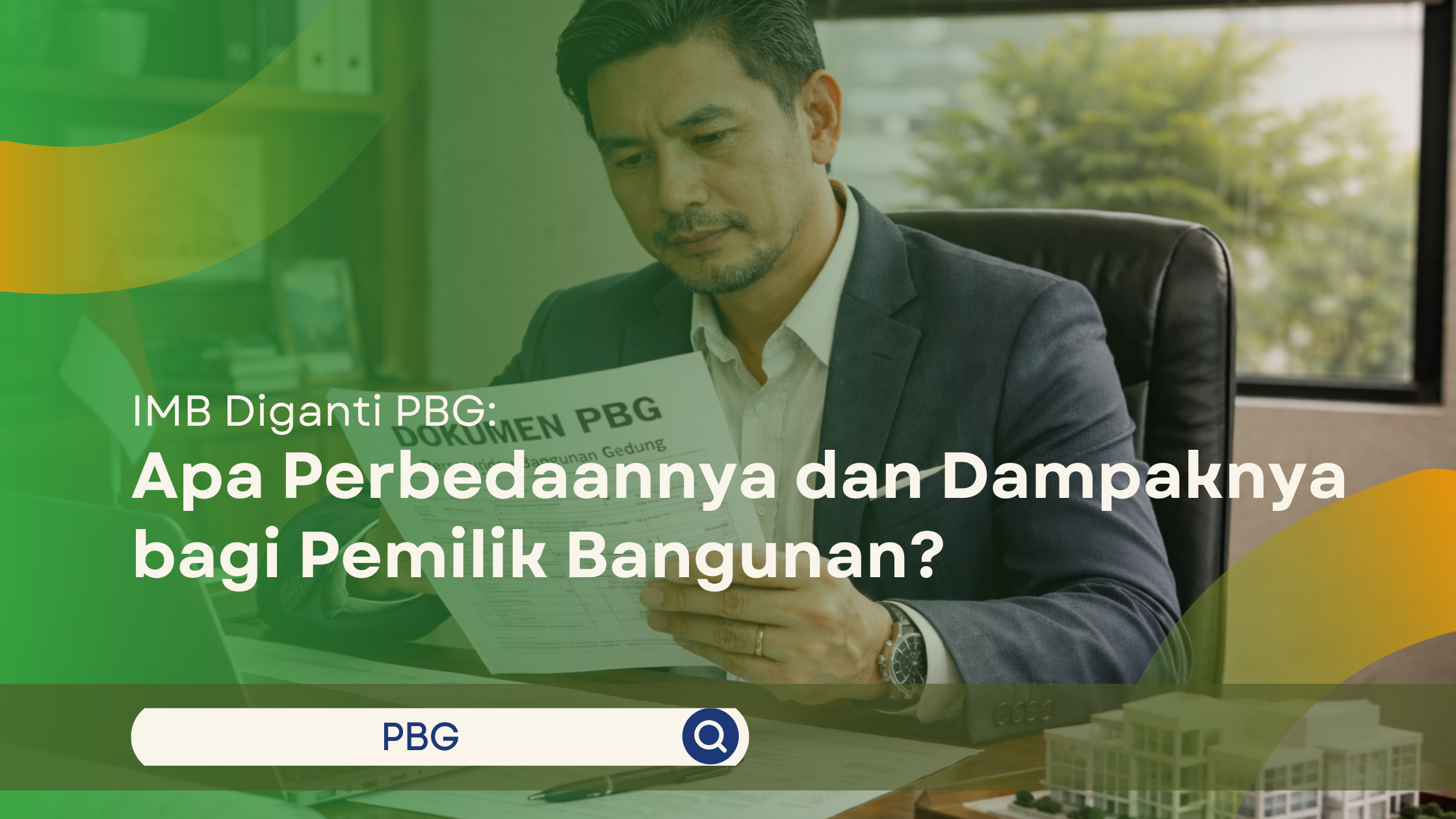 Konsultan bangunan membaca dokumen PBG di kantor terkait perubahan IMB diganti PBG
