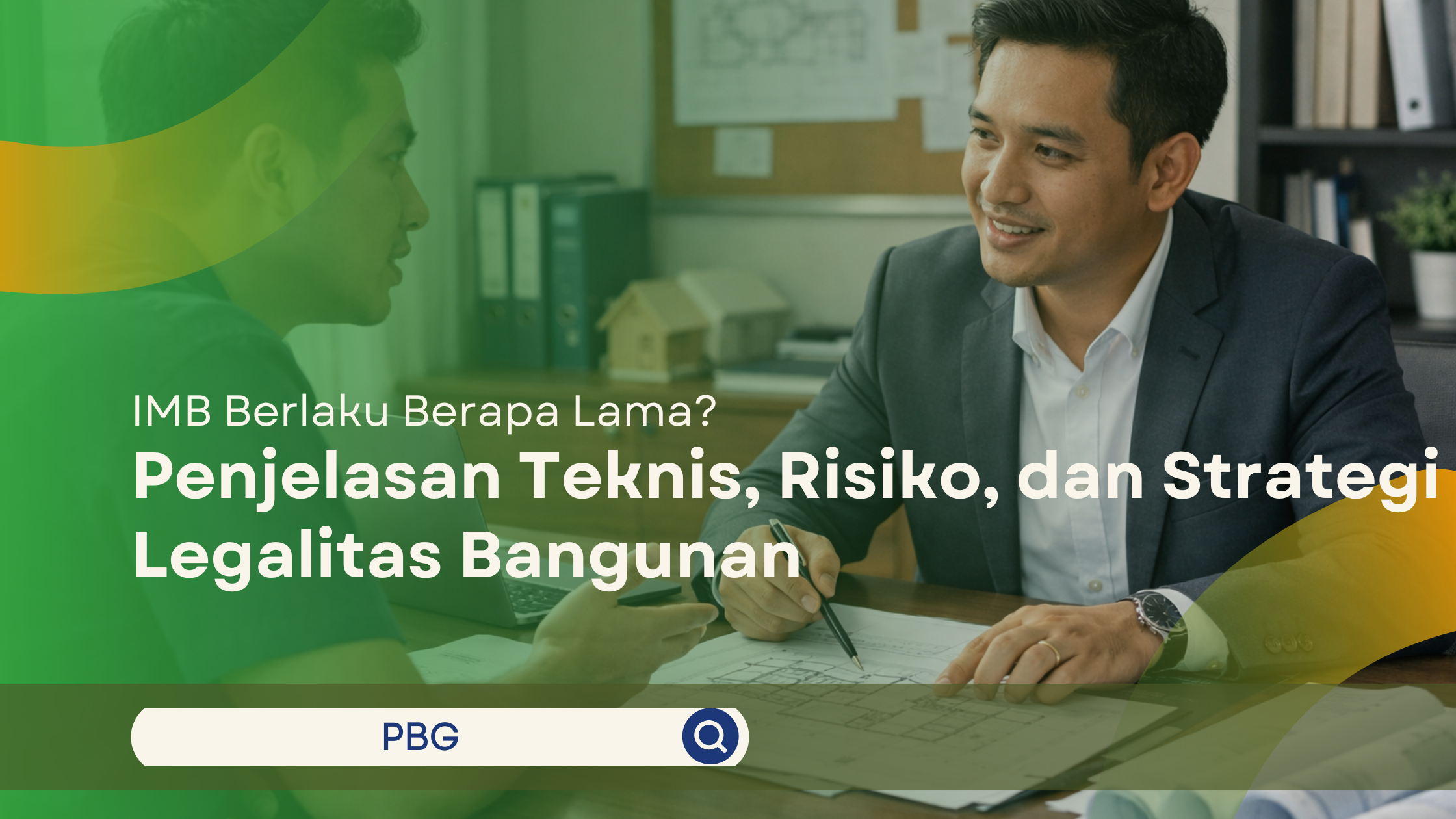 Konsultasi IMB antara klien dan konsultan di kantor modern dengan pembahasan masa berlaku izin bangunan.