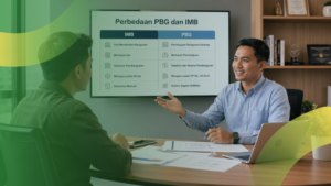 Diskusi profesional mengenai regulasi PBG dan IMB dengan tampilan presentasi di layar