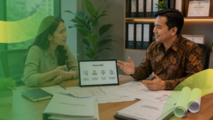 Klien berkonsultasi tentang peran PBG dalam legalitas dan keamanan proyek bangunan.