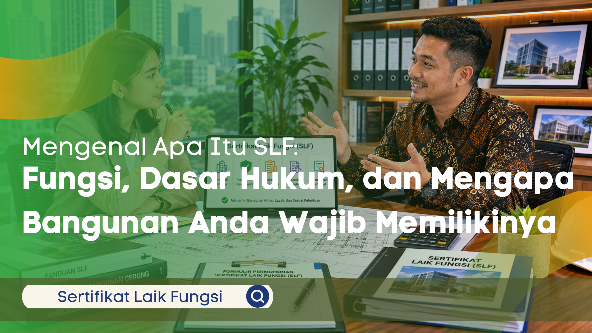 Konsultasi antara klien perempuan Indonesia dan konsultan SLF di kantor modern mengenai pengertian, fungsi, dasar hukum, serta pentingnya Sertifikat Laik Fungsi (SLF) untuk bangunan.