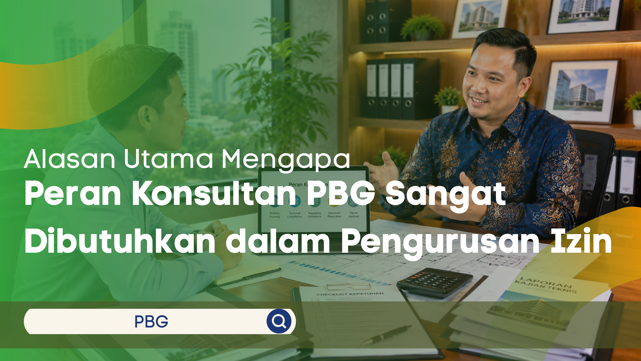 Konsultan PBG menjelaskan peran dan manfaat layanan konsultasi PBG kepada klien di ruang konsultasi profesional sambil meninjau dokumen dan rencana bangunan.