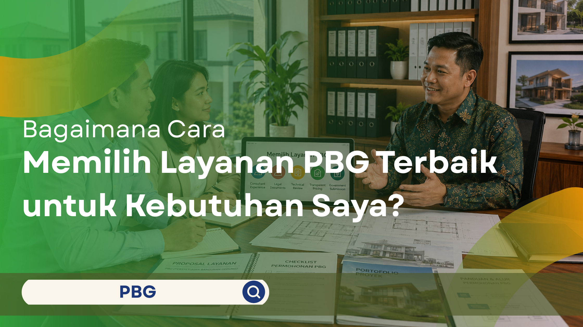 Konsultan PBG menjelaskan cara memilih layanan PBG kepada pasangan suami istri di ruang konsultasi modern sambil meninjau dokumen, proposal, dan denah rumah.