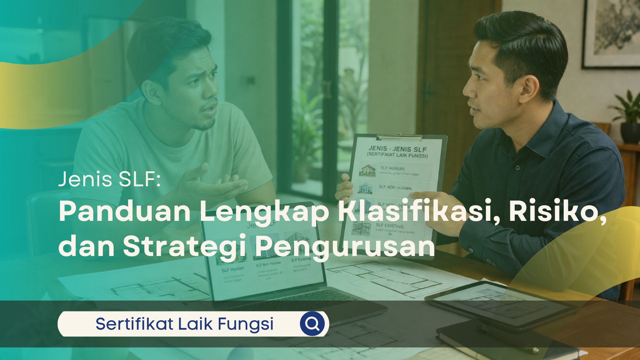 Konsultan menjelaskan jenis-jenis SLF kepada klien di dalam rumah menggunakan dokumen dan tablet