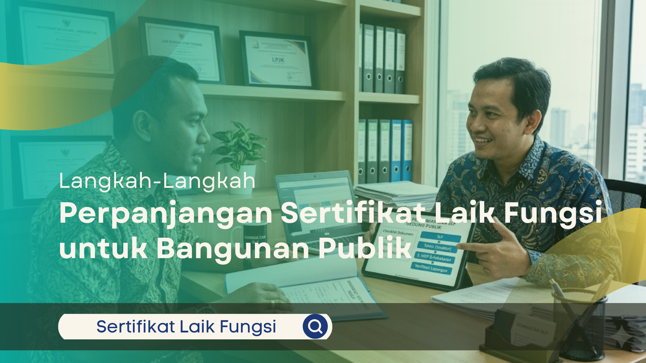 Konsultan pria Indonesia sedang menjelaskan definisi dan fungsi SLF kepada klien di depan gedung perkantoran modern menggunakan tablet digital