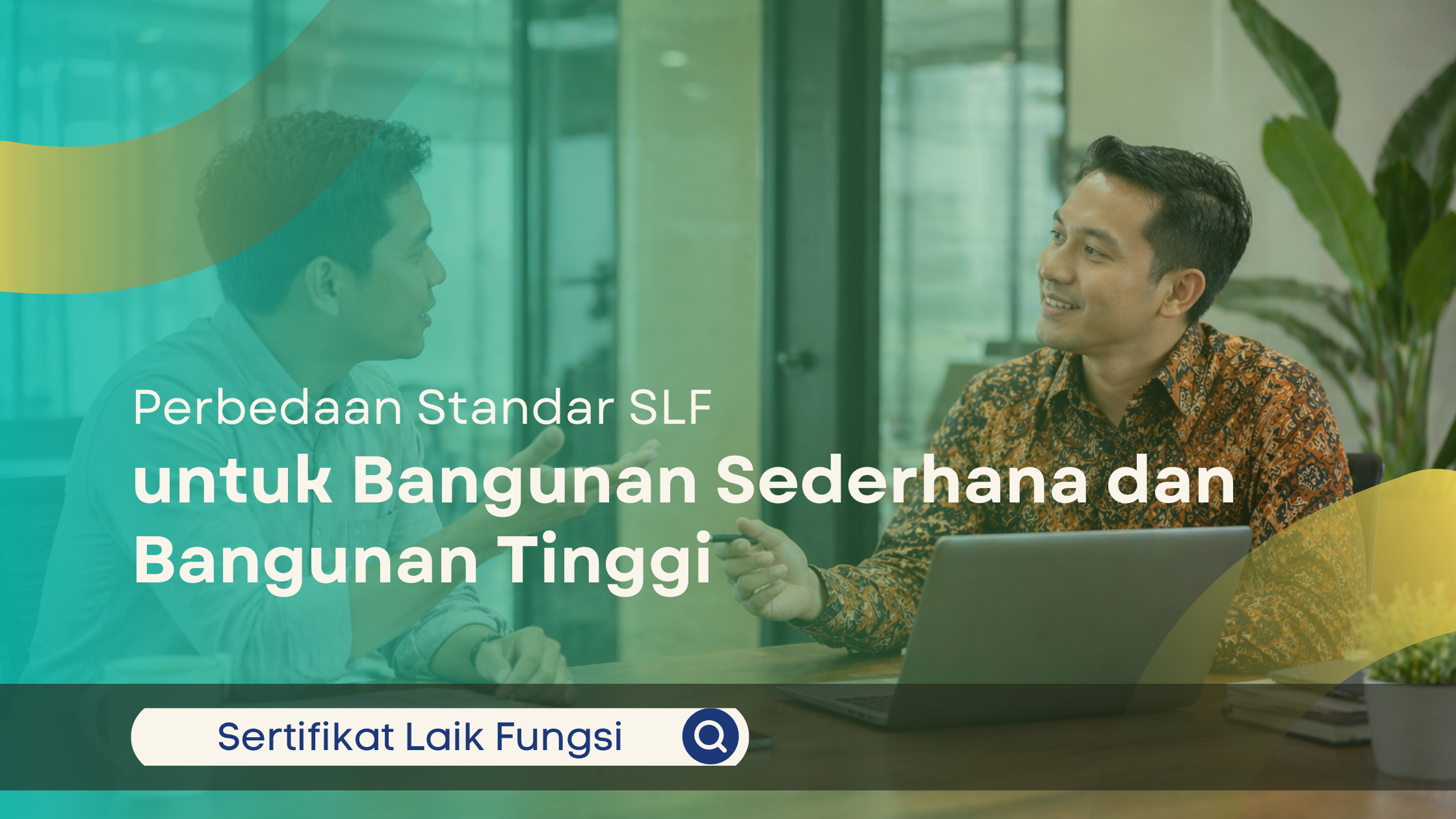 Konsultan SLF menjelaskan dokumen teknis kepada klien di kantor modern