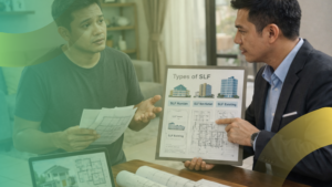 Konsultan pria memberikan penjelasan mendalam kepada klien mengenai isi map dokumen SLF sambil menunjuk gambar arsitektur