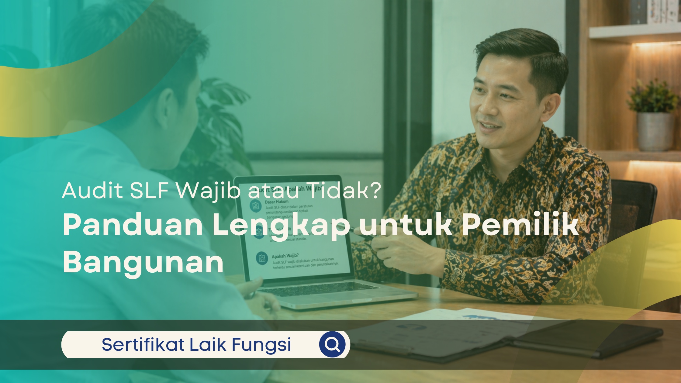 Konsultan menjelaskan kewajiban audit SLF kepada klien menggunakan laptop di ruang diskusi kantor.