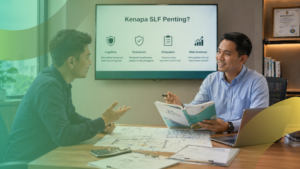 Konsultan dan klien berdiskusi mengenai pentingnya SLF dengan dokumen teknis dan layar presentasi di ruang kantor.