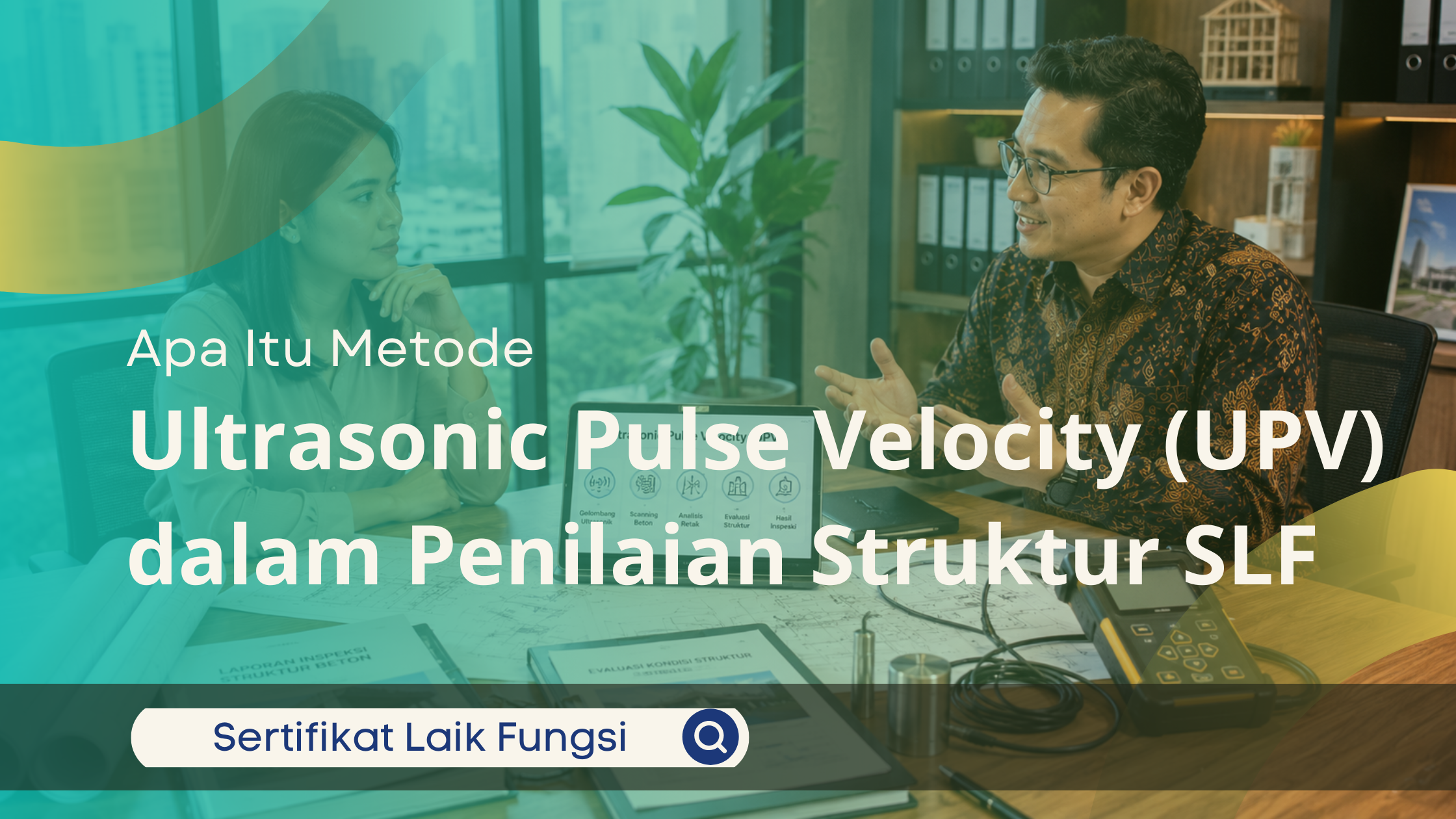 Konsultan teknik menjelaskan metode Ultrasonic Pulse Velocity (UPV) kepada klien untuk analisis kualitas beton dan penilaian struktur bangunan SLF.