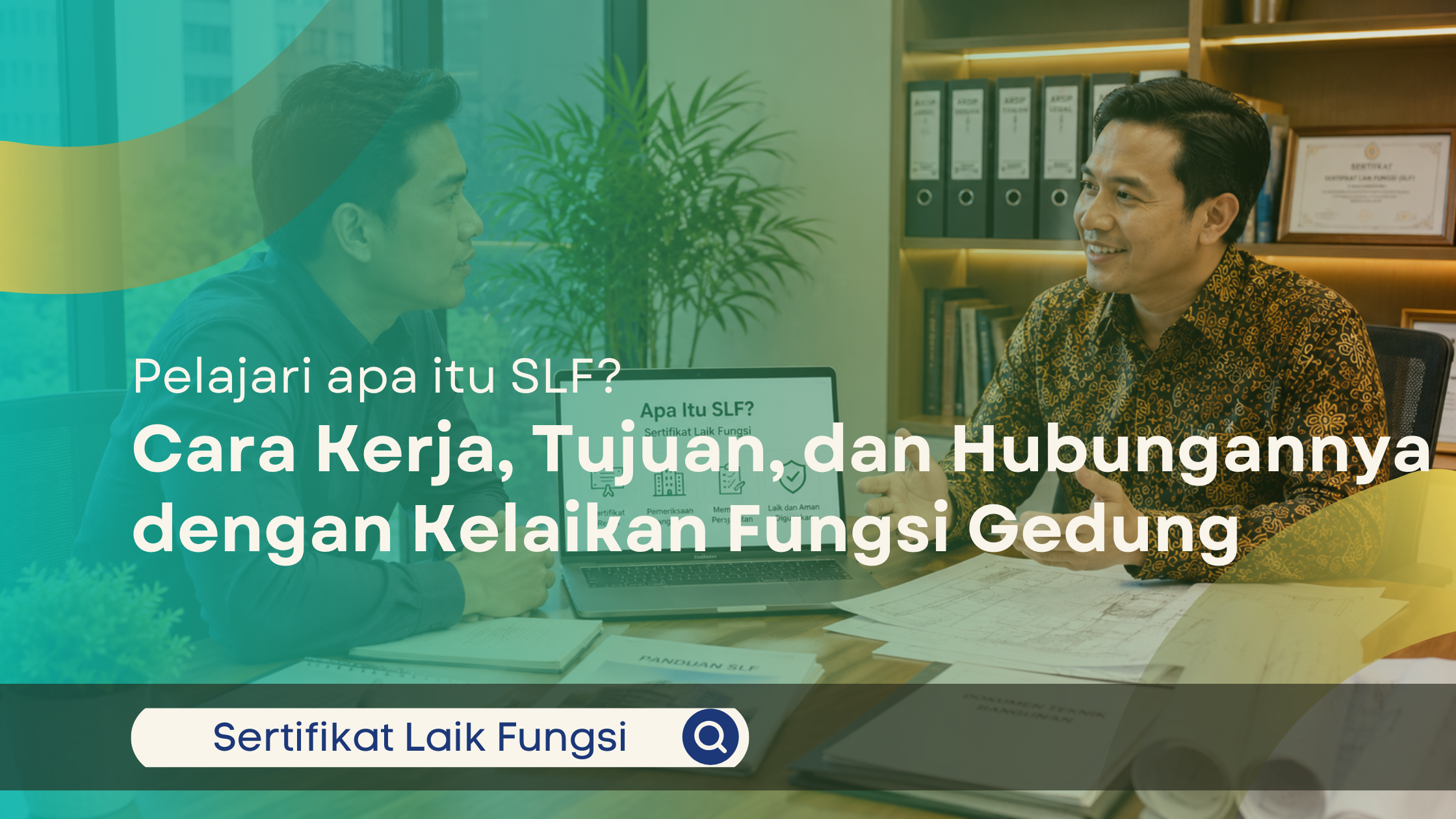 Spanduk promosi "Jasa Konsultan SLF Depok". Sisi kiri berisi teks "Jasa Pengurusan Sertifikat Laik Fungsi Profesional dan Cepat". Sisi kanan menampilkan foto dua pria, satu memakai batik, sedang duduk berdiskusi mengenai denah bangunan di meja kantor modern.