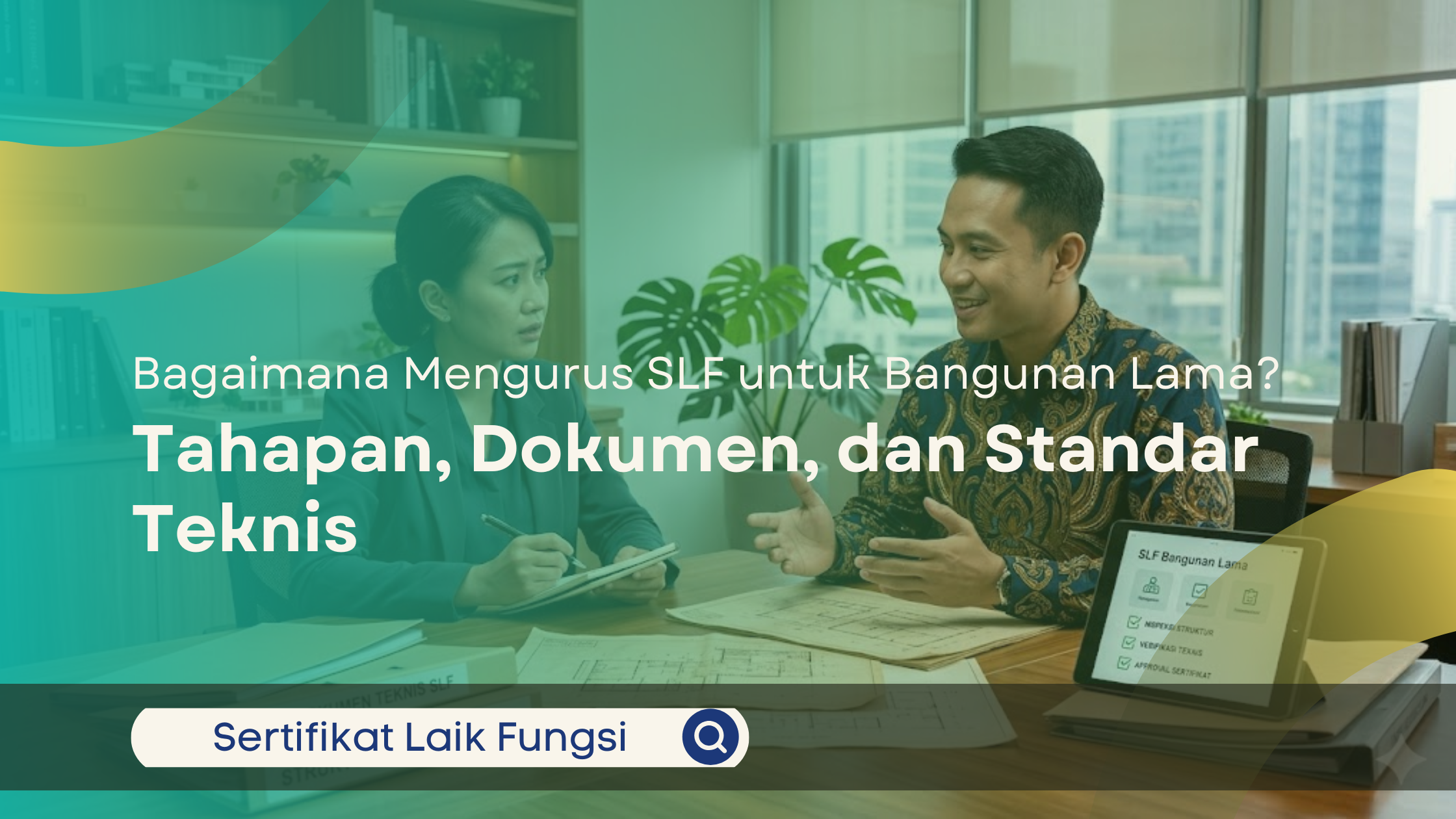 Konsultan bangunan menjelaskan proses pengurusan SLF untuk bangunan lama kepada klien di ruang diskusi kantor modern dengan dokumen teknis dan tablet pendukung di meja.