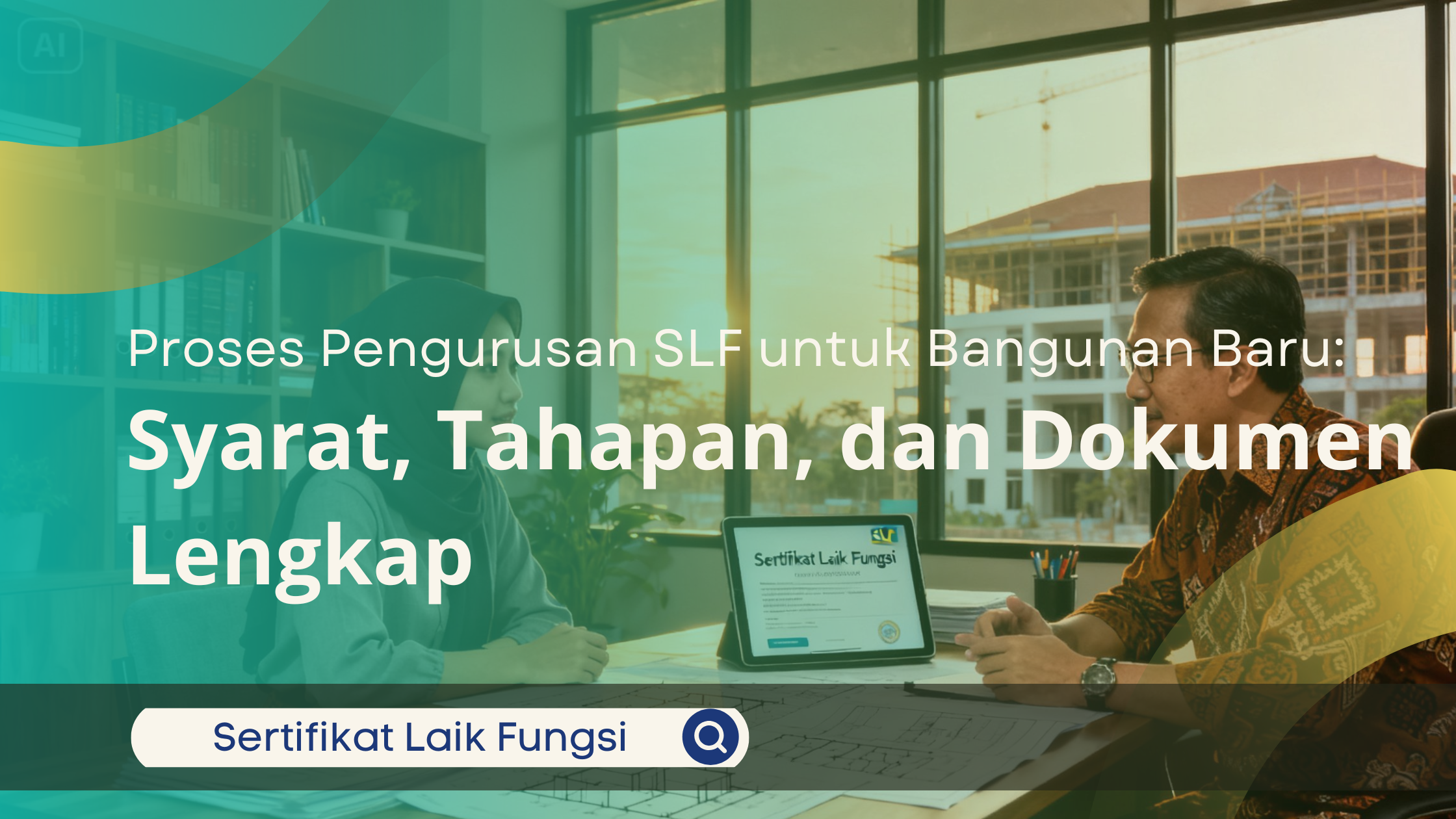 Konsultan profesional sedang menjelaskan tahapan dan persyaratan dokumen pengurusan Sertifikat Laik Fungsi (SLF) bangunan baru kepada klien di kantor.