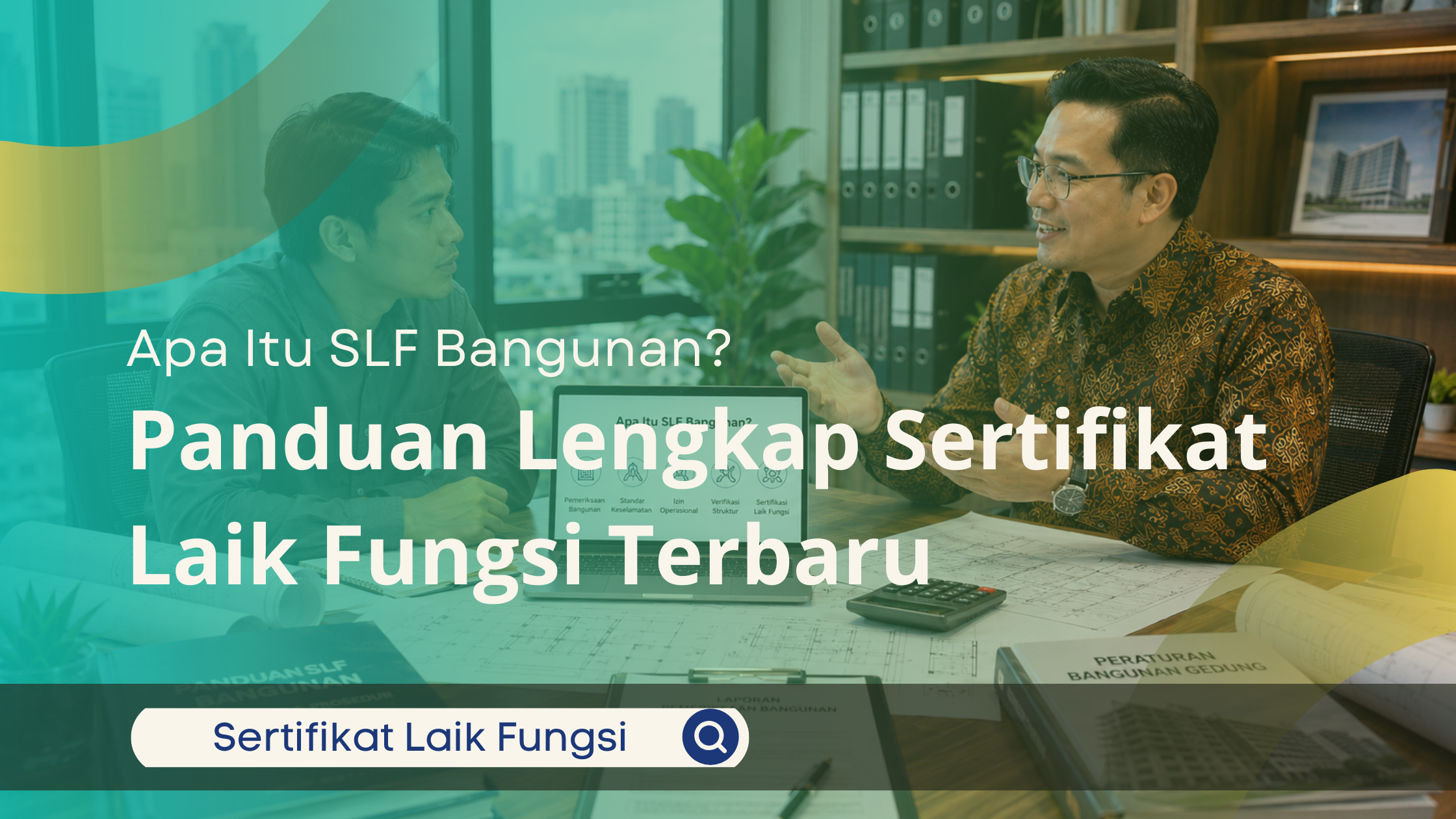 Konsultan bangunan menjelaskan pengertian dan fungsi SLF kepada klien di ruang konsultasi modern dengan dokumen teknis dan layar presentasi sertifikat laik fungsi.