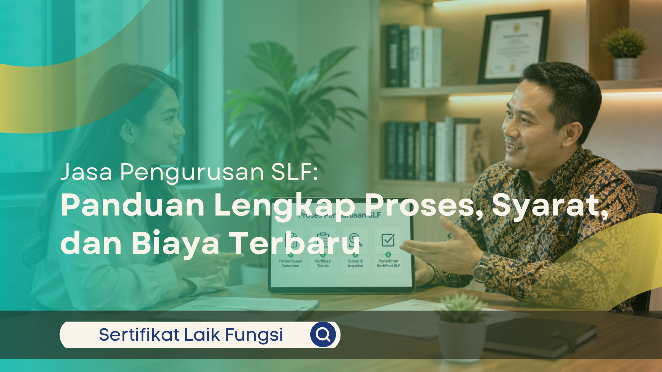 Konsultan memaparkan prosedur SLF kepada klien dengan bantuan laptop