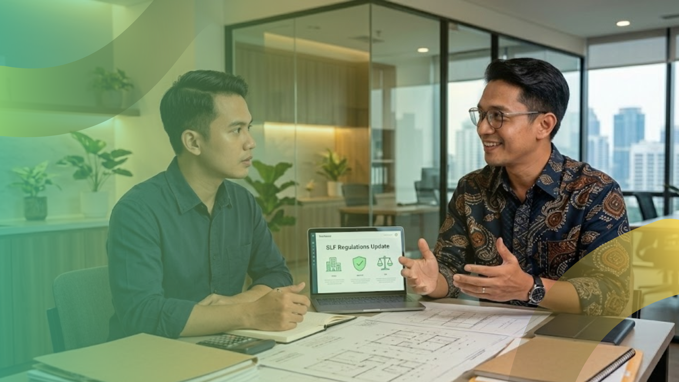 Konsultan SLF Depok mengenakan batik sedang menjelaskan prosedur sertifikasi bangunan menggunakan laptop dan denah gedung kepada klien di kantor modern.