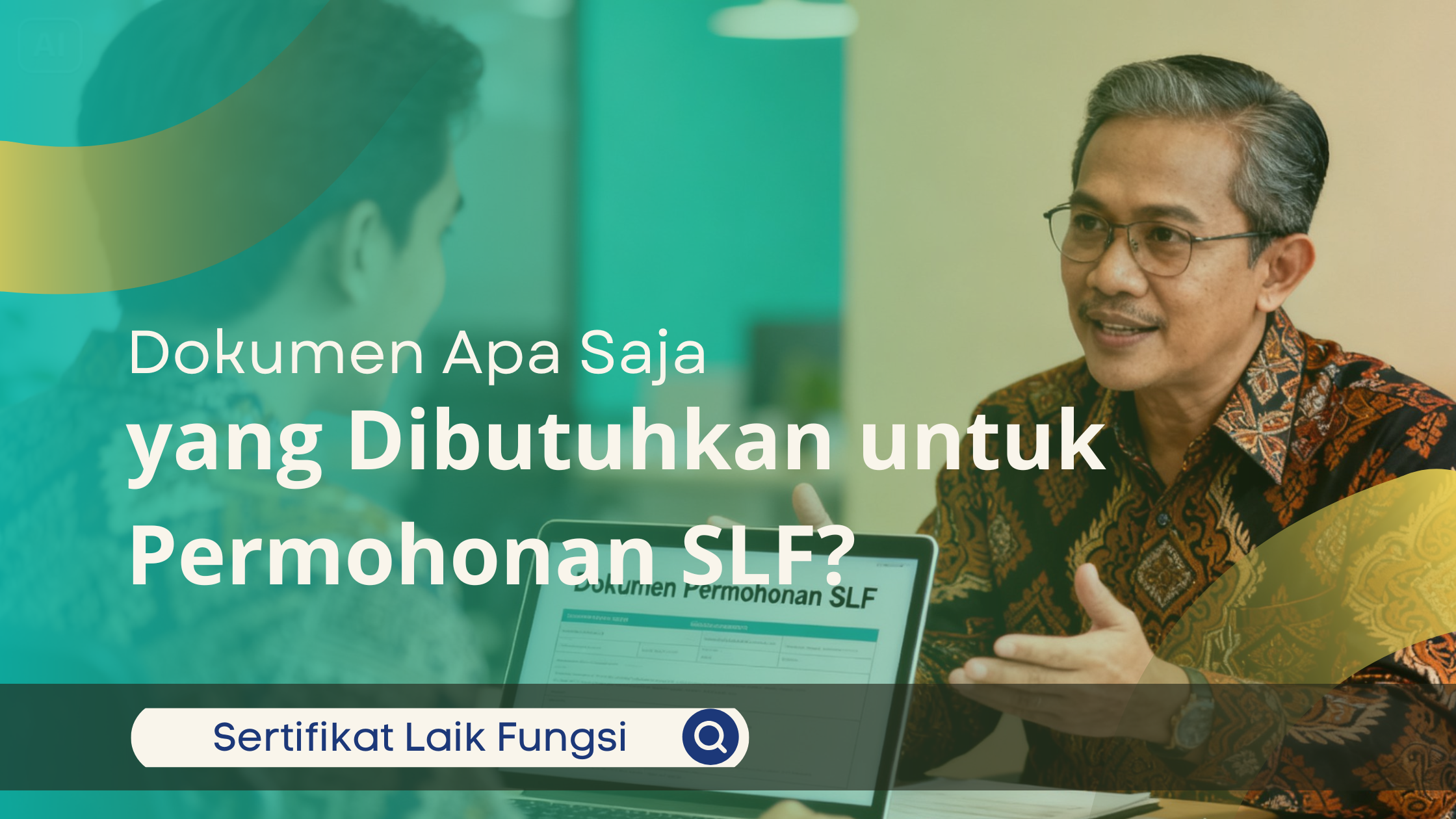 Konsultasi antara klien dan konsultan mengenai kebutuhan SLF berdasarkan jenis bangunan di ruang kantor modern.