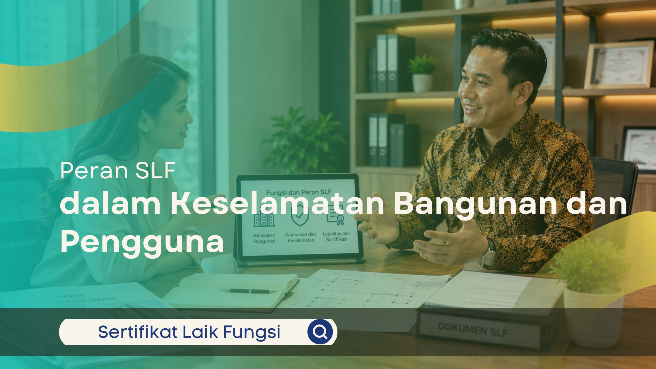 Konsultan menjelaskan peran SLF kepada klien di ruang diskusi kantor modern dengan dokumen bangunan dan laptop presentasi.