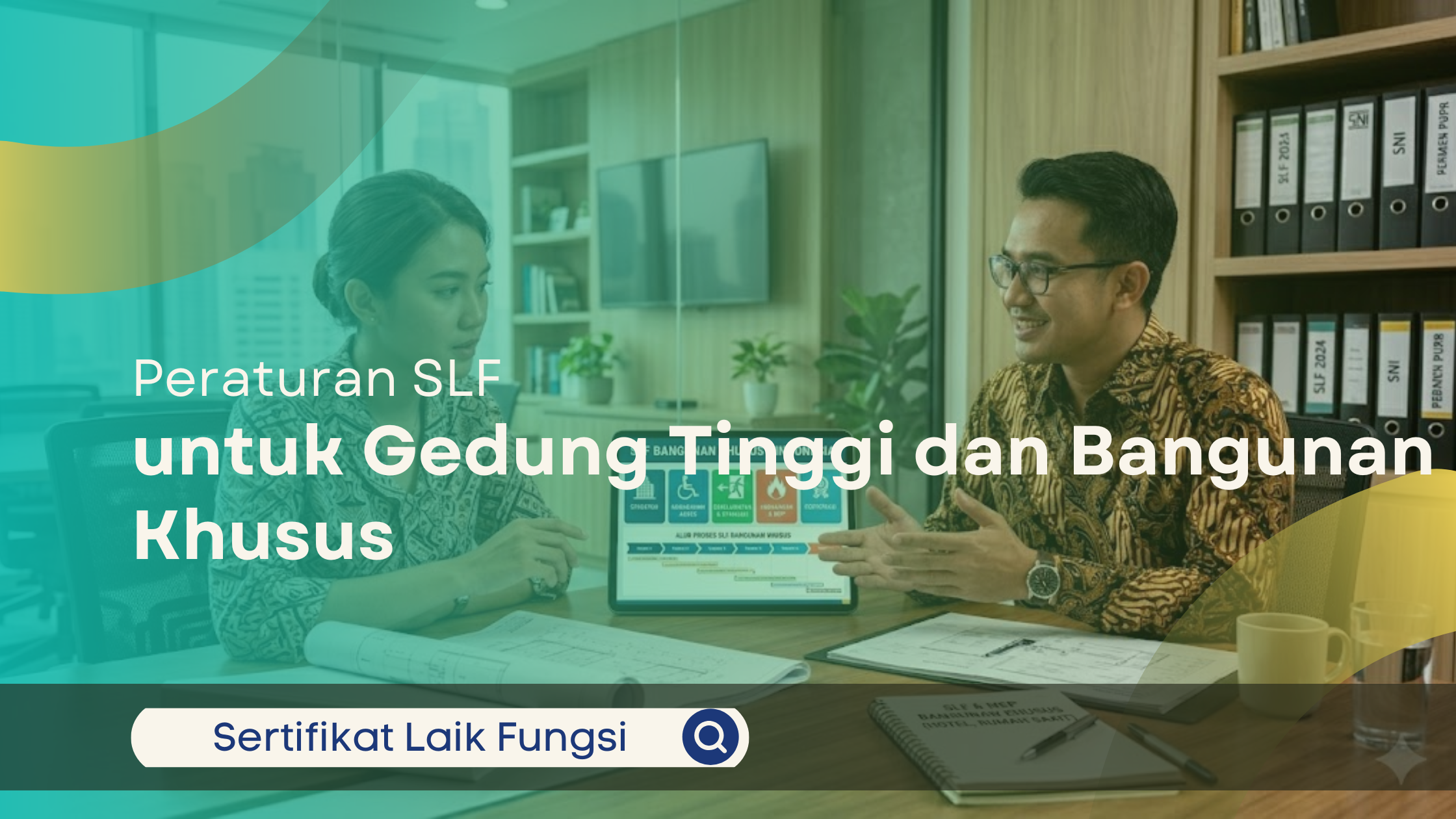 Foto sudut lebar (wide shot) seorang konsultan pria mengenakan batik sedang menjelaskan regulasi SLF menggunakan tablet kepada klien wanita di ruang rapat modern yang cerah. Di atas meja terdapat dokumen teknis dan gambar arsitektur