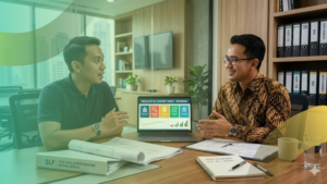 Foto realistik seorang konsultan pria berbatik sedang berdiskusi dengan klien pria tentang regulasi gedung tinggi melalui tampilan dasbor di laptop. Latar belakang menunjukkan interior kantor profesional dengan jendela besar menghadap gedung kota.
