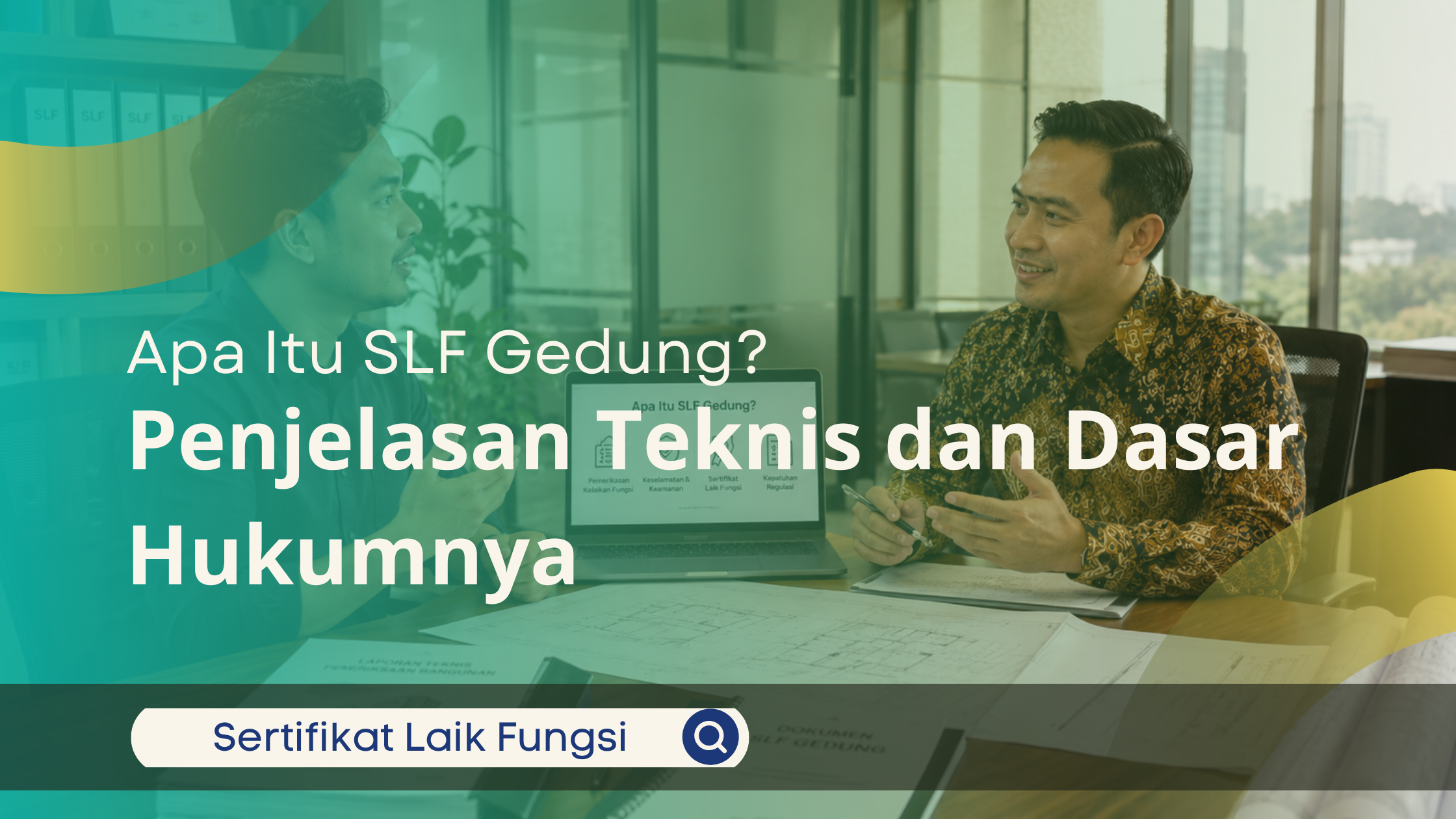 Banner informasi tentang SLF (Sertifikat Laik Fungsi) Gedung yang menampilkan dua orang pria sedang berdiskusi di meja kerja dengan latar belakang kantor, dilengkapi teks judul besar "Apa Itu SLF Gedung? Penjelasan Teknis dan Dasar Hukumnya".