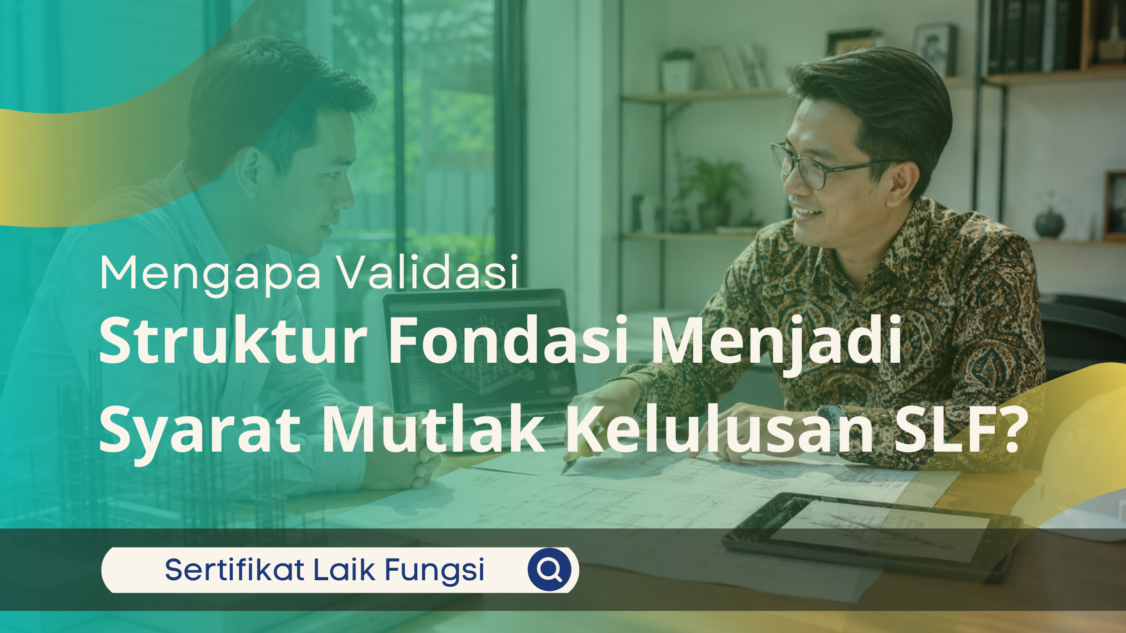 Konsultan SLF berbaju batik sedang menjelaskan dokumen validasi struktur fondasi bangunan kepada klien di meja kerja