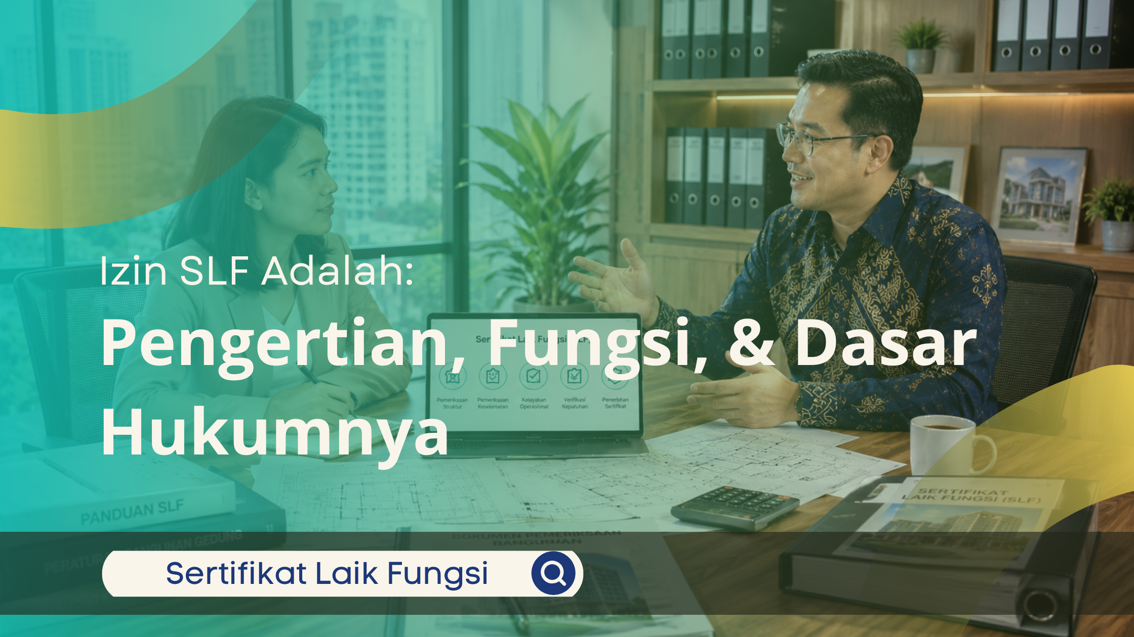 Konsultan bangunan menjelaskan pengertian dan fungsi Sertifikat Laik Fungsi (SLF) kepada klien dalam sesi konsultasi di kantor modern, dengan dokumen teknis dan layar presentasi terkait SLF di atas meja.