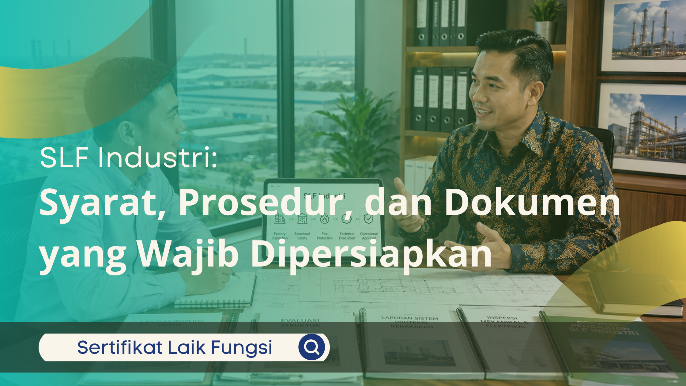 Konsultan SLF menjelaskan persyaratan, prosedur, dan dokumen SLF industri kepada pemilik pabrik dalam sesi konsultasi di kantor profesional.