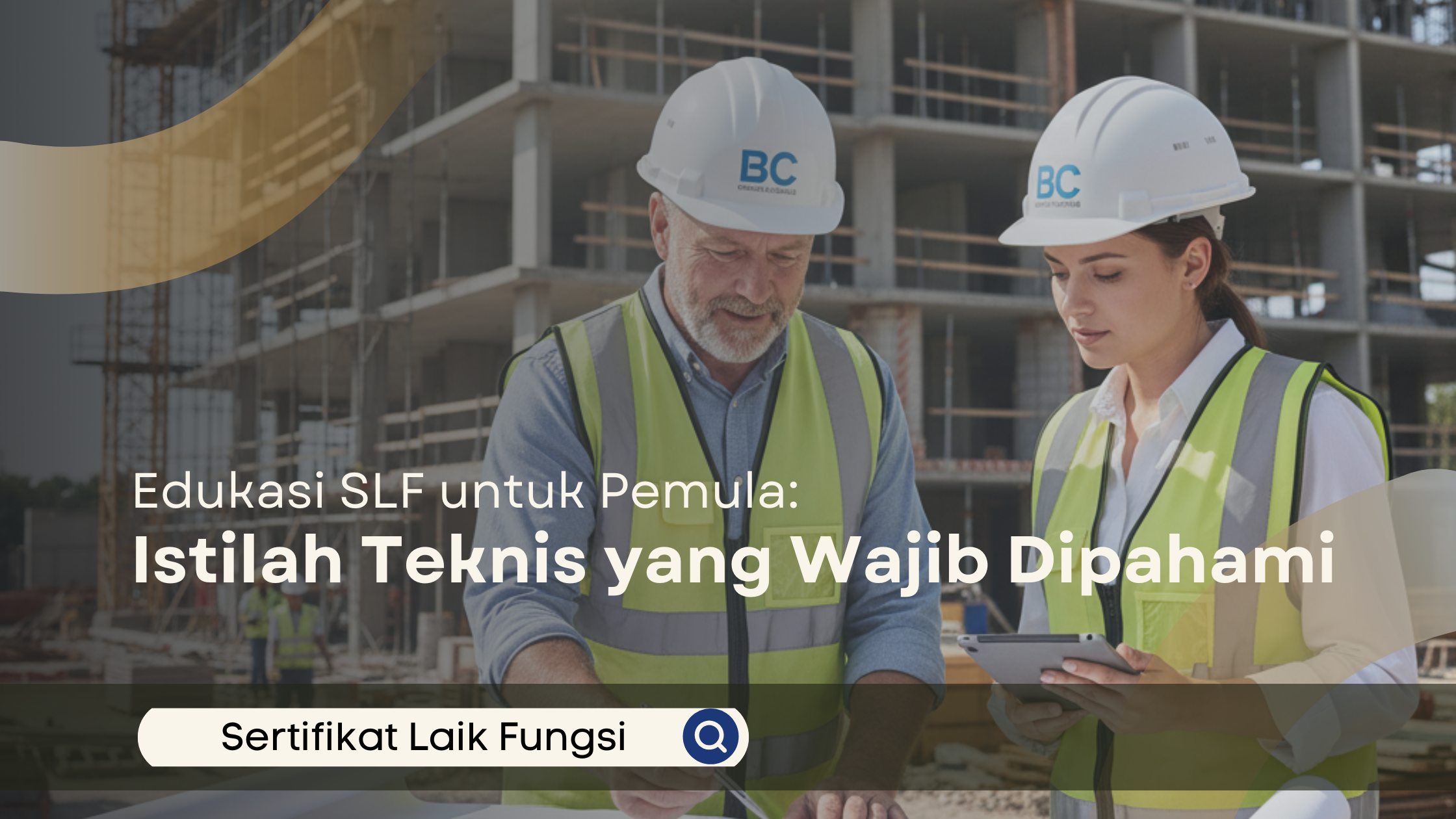 Sesi edukasi SLF antara konsultan senior dan pemula di lokasi proyek konstruksi menggunakan tablet dan dokumen teknis