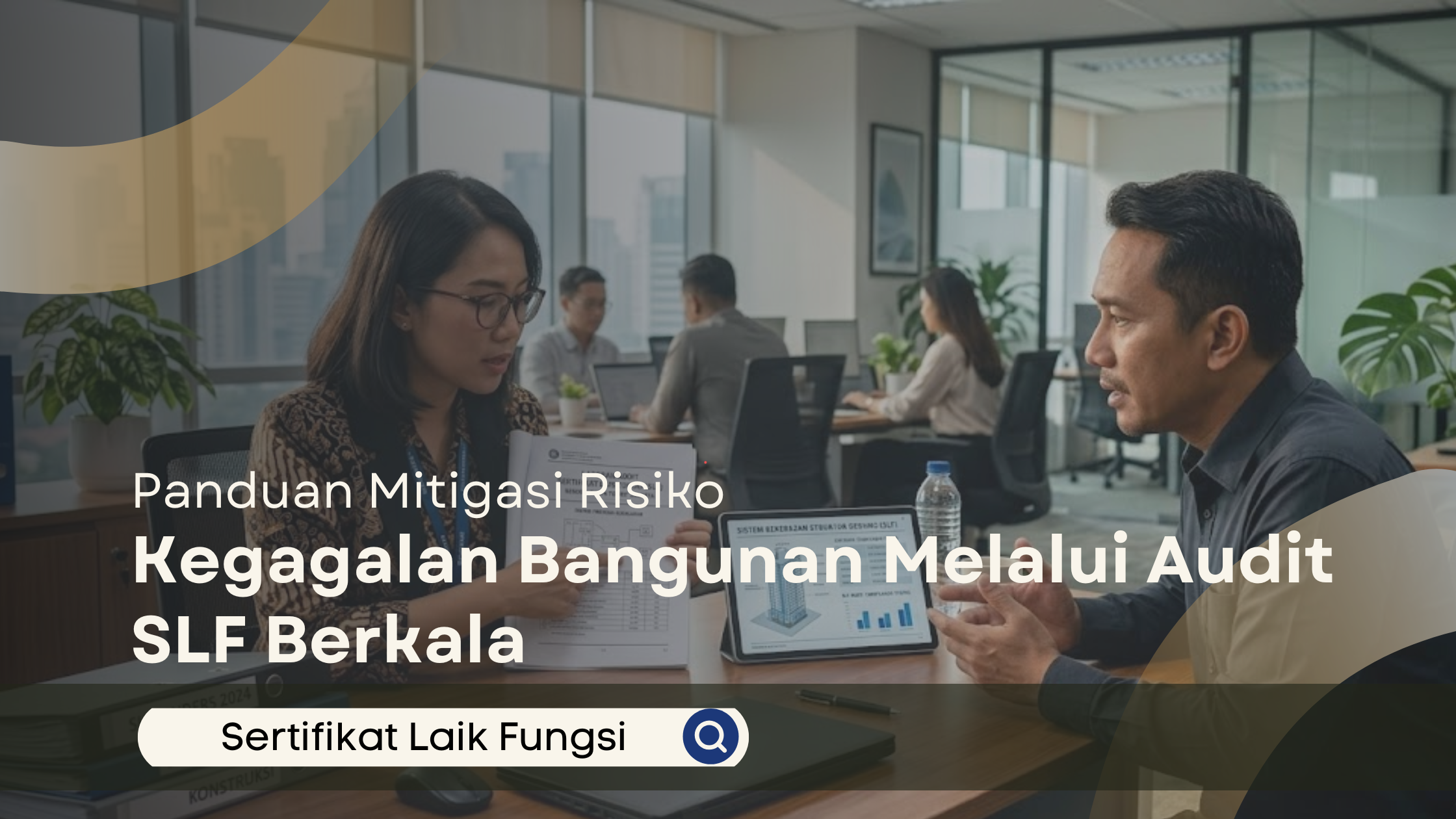 Konsultan wanita Indonesia sedang mempresentasikan laporan audit SLF kepada klien pria di ruang rapat kantor yang profesional