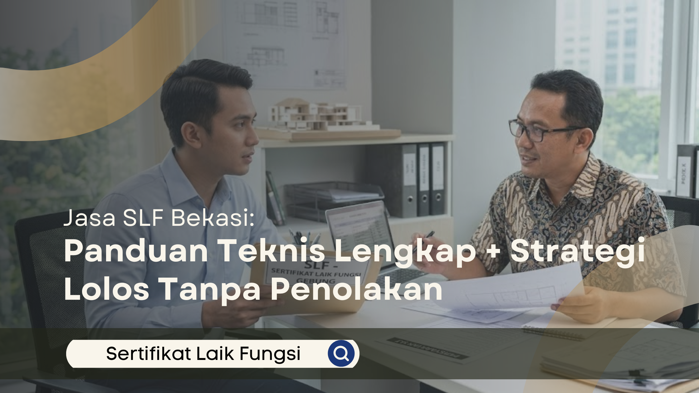 Konsultan berbaju batik menjelaskan panduan teknis pengajuan SLF kepada klien di kantor dengan latar belakang gedung perkotaan