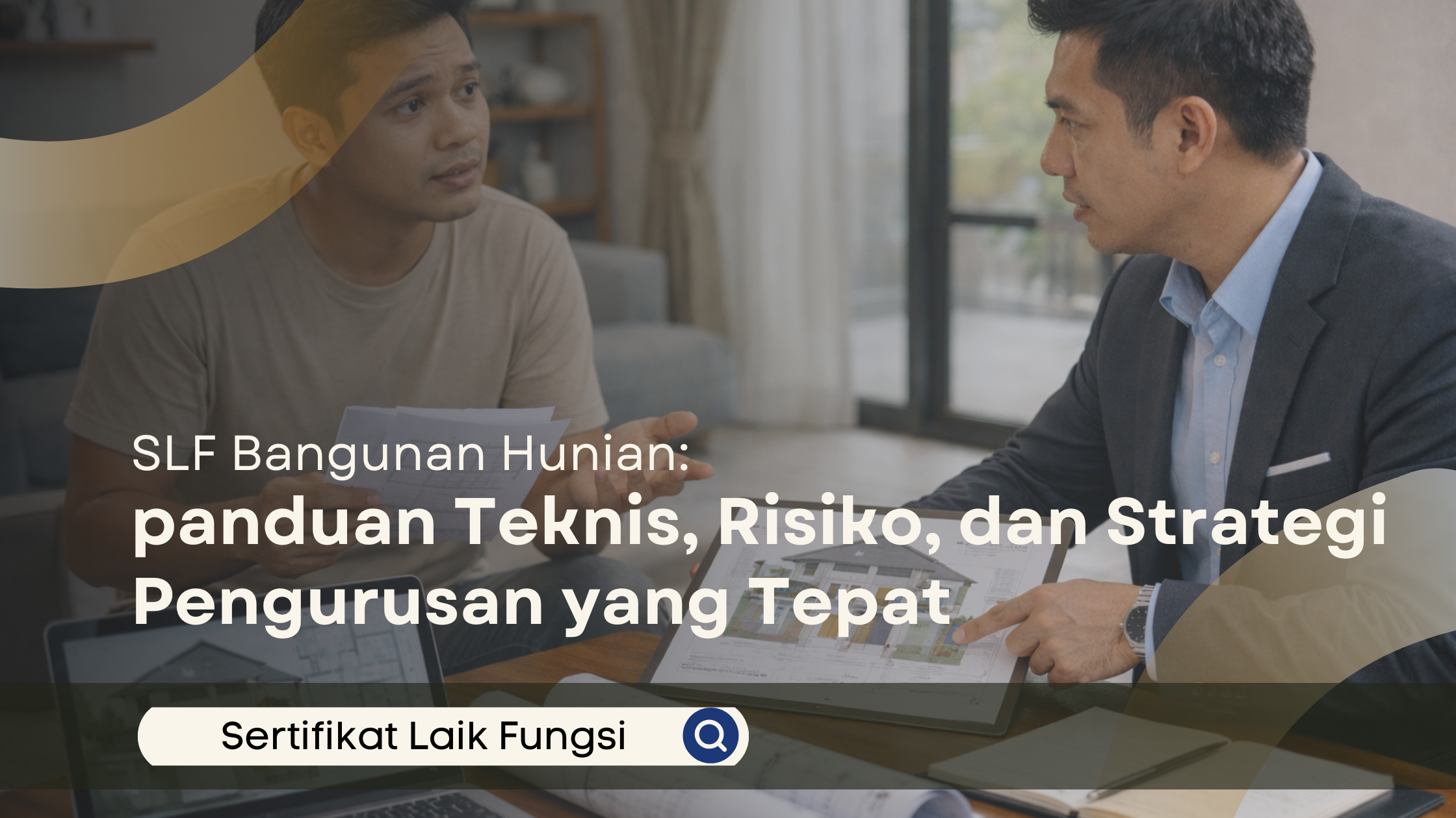 Konsultan pria menjelaskan tipe-tipe SLF menggunakan papan informasi visual kepada klien pria di ruang tamu rumah