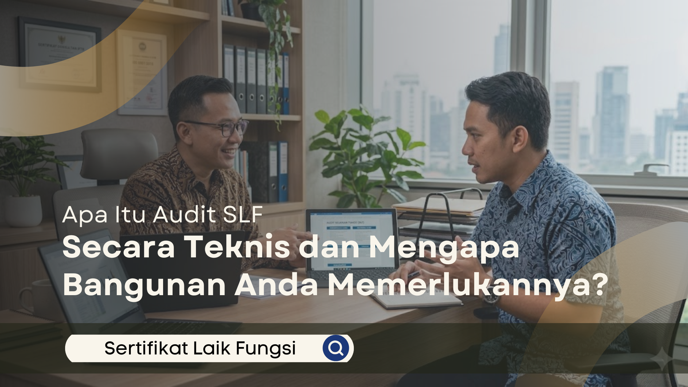 Konsultan teknis berbaju batik sedang menjelaskan dokumen audit Sertifikat Laik Fungsi (SLF) menggunakan tablet kepada klien di kantor konsultan properti yang modern dan profesional