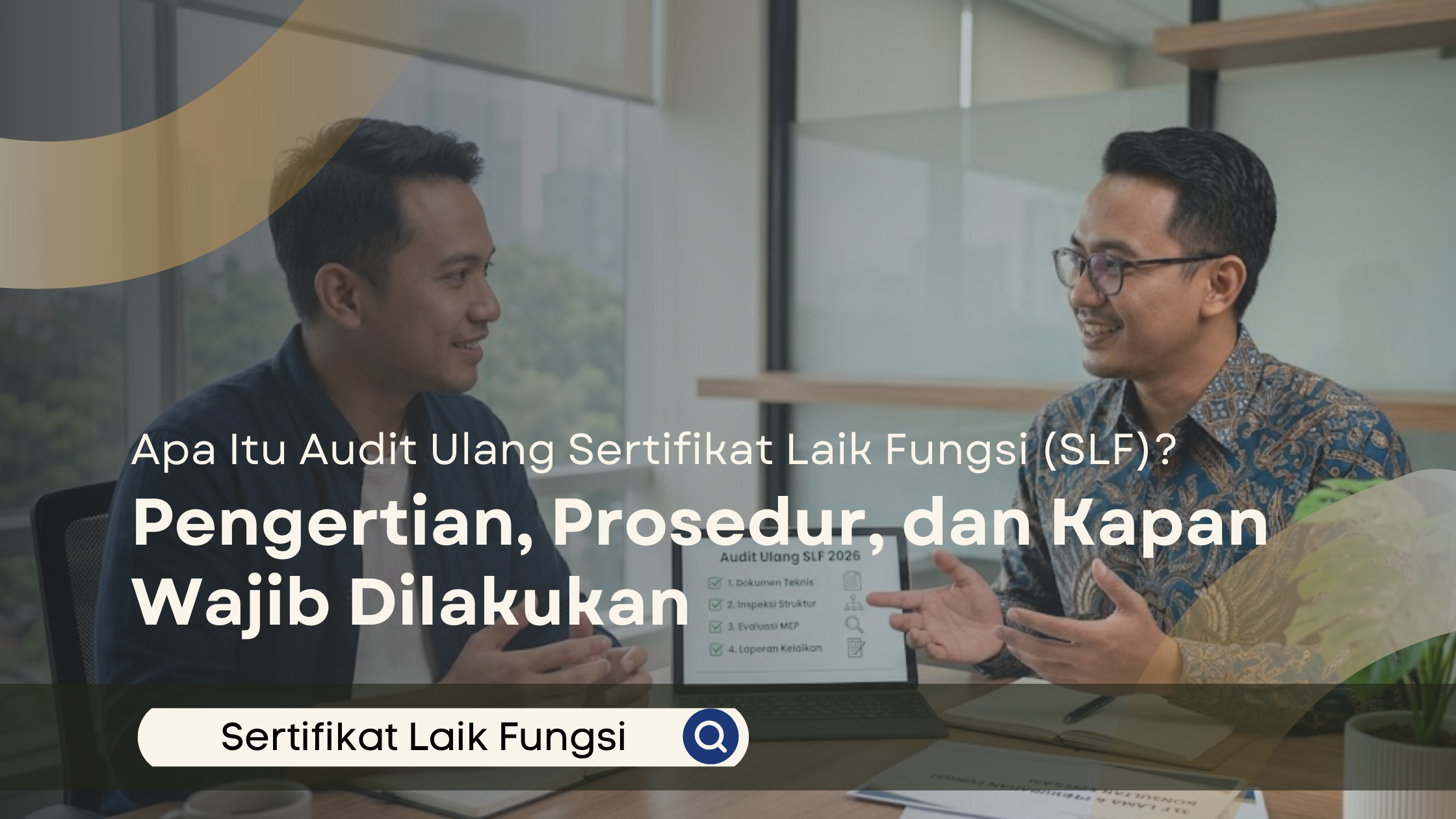 Konsultan SLF berbaju batik menjelaskan alur prosedur audit ulang SLF 2026 melalui tablet kepada klien di kantor modern