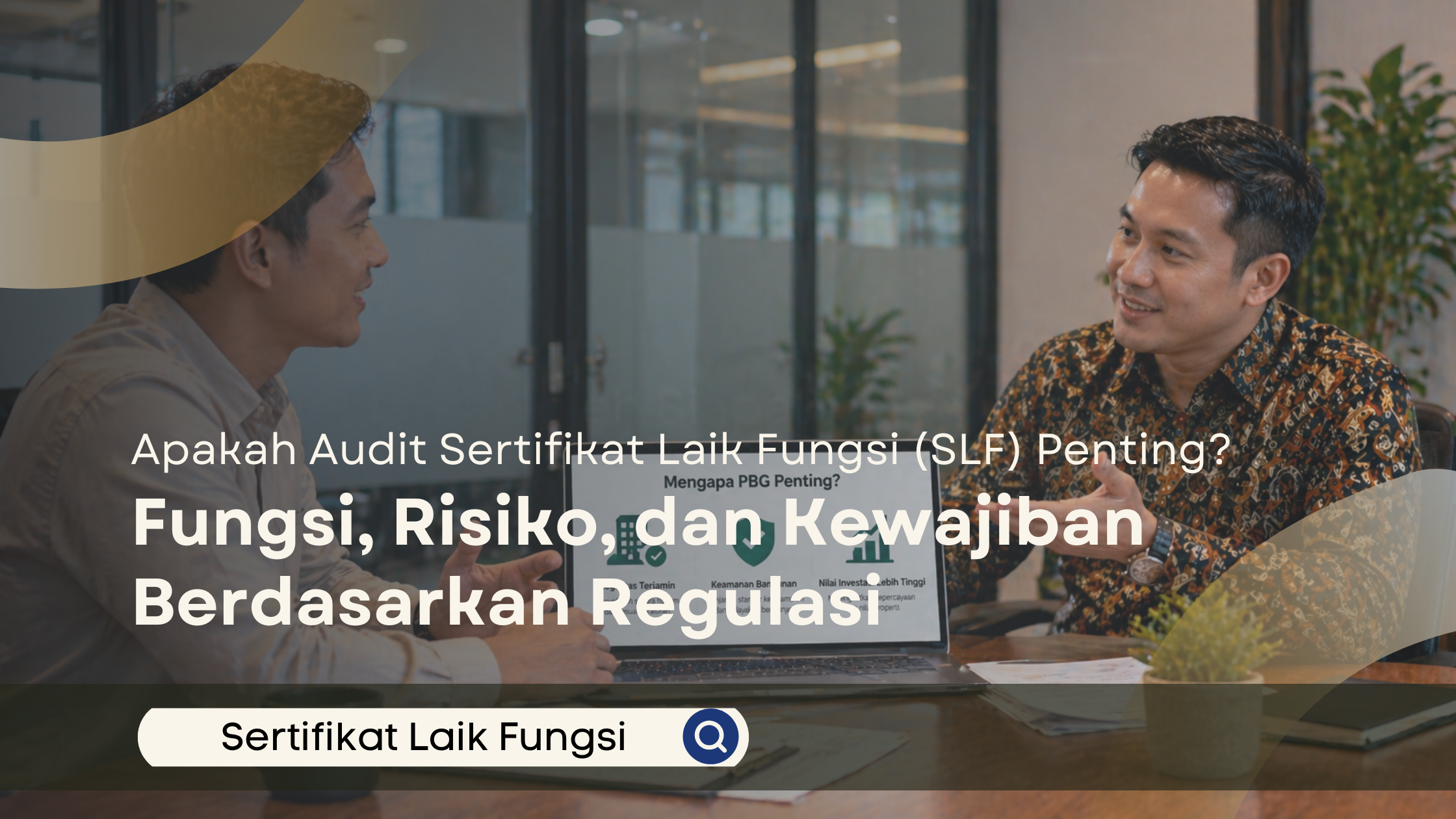 Dua pria Indonesia sedang berdiskusi di lobi kantor modern; satu mengenakan batik (klien) dan satu mengenakan kemeja biru (konsultan) sambil memegang tablet