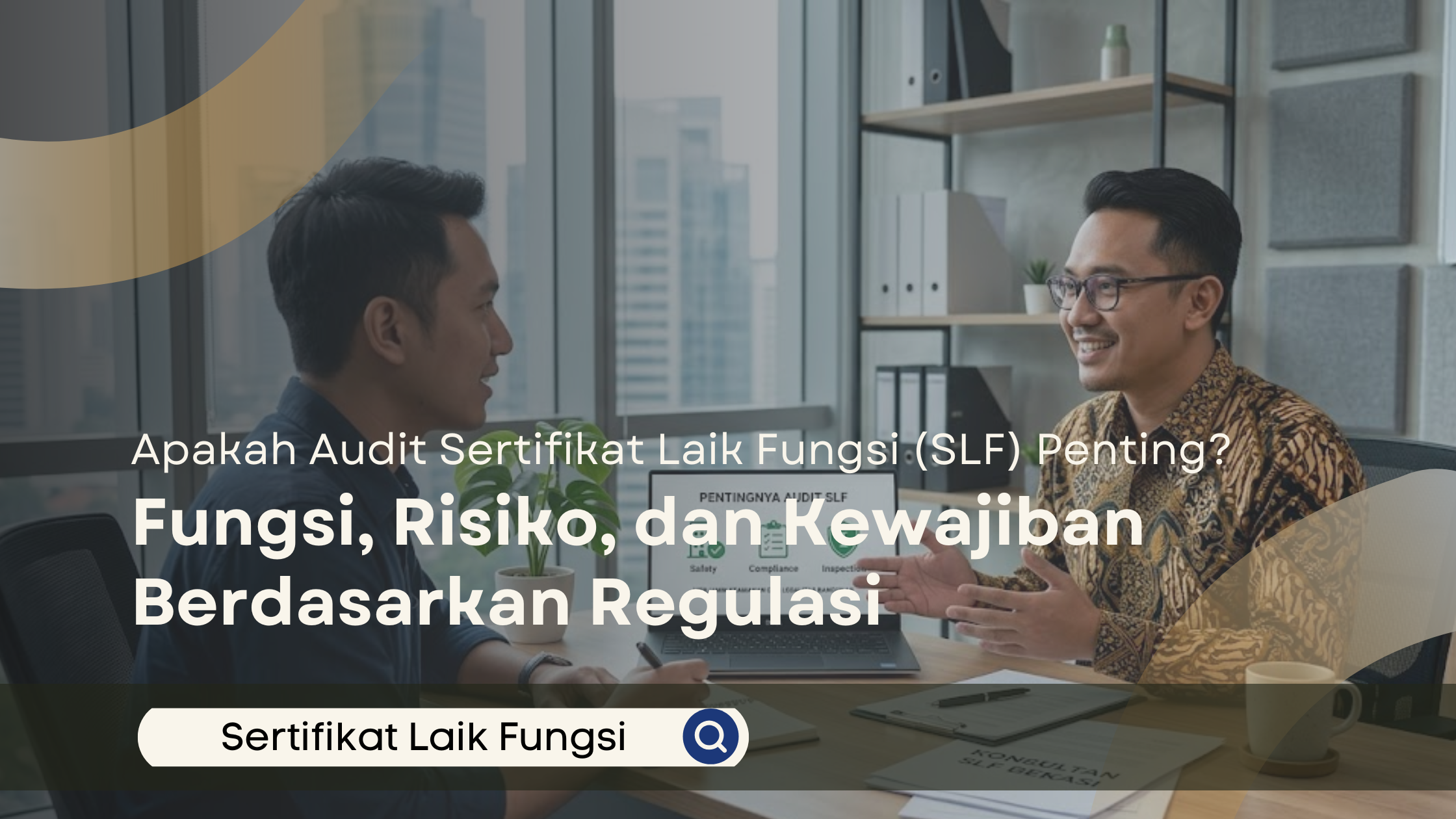 Konsultan SLF memberikan penjelasan mengenai dasar hukum kewajiban SLF Indonesia kepada klien melalui diagram di laptop