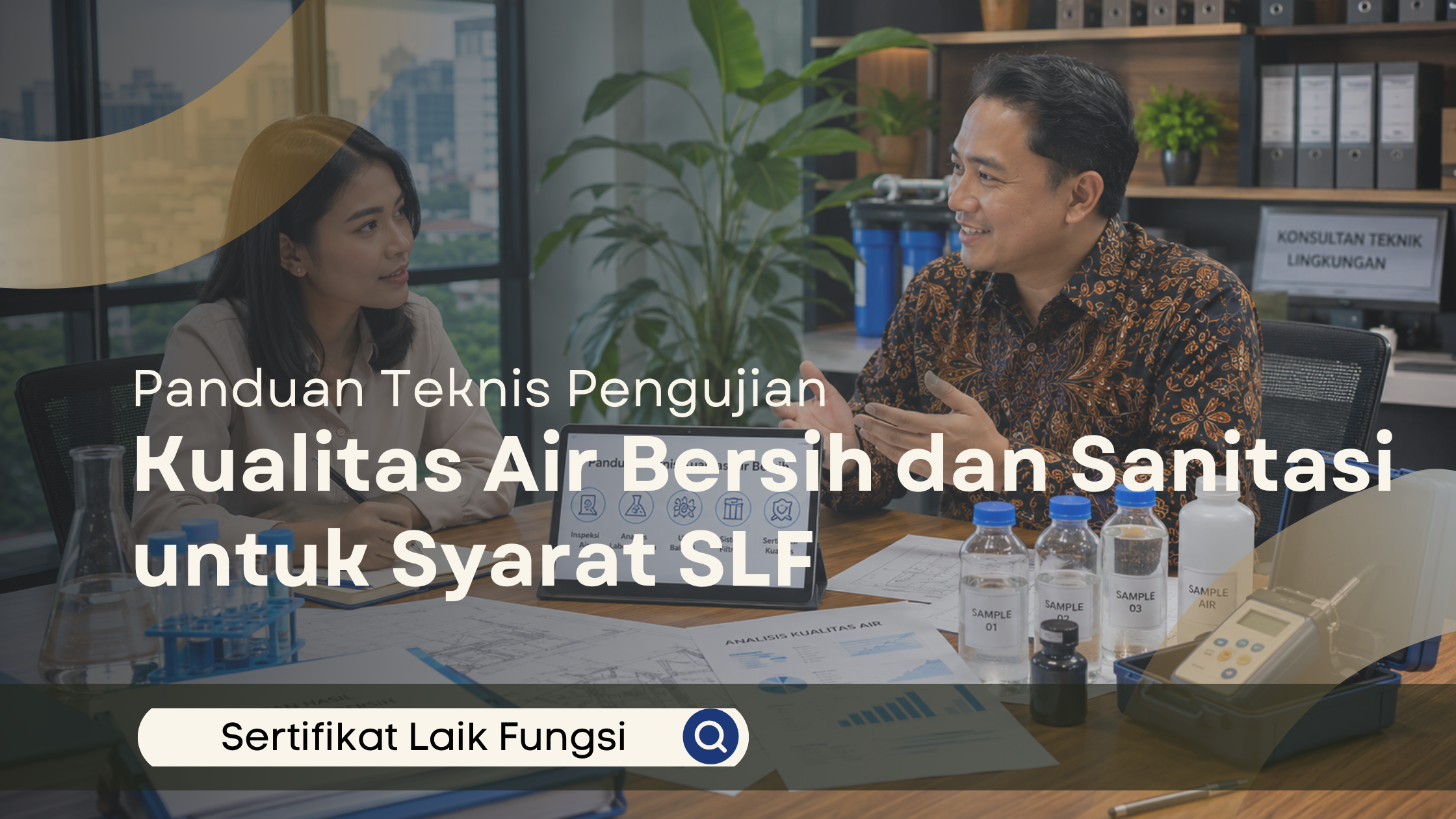 Konsultan profesional menjelaskan prosedur pengujian kualitas air bersih dan sanitasi kepada klien sebagai syarat pemenuhan Sertifikat Laik Fungsi (SLF).