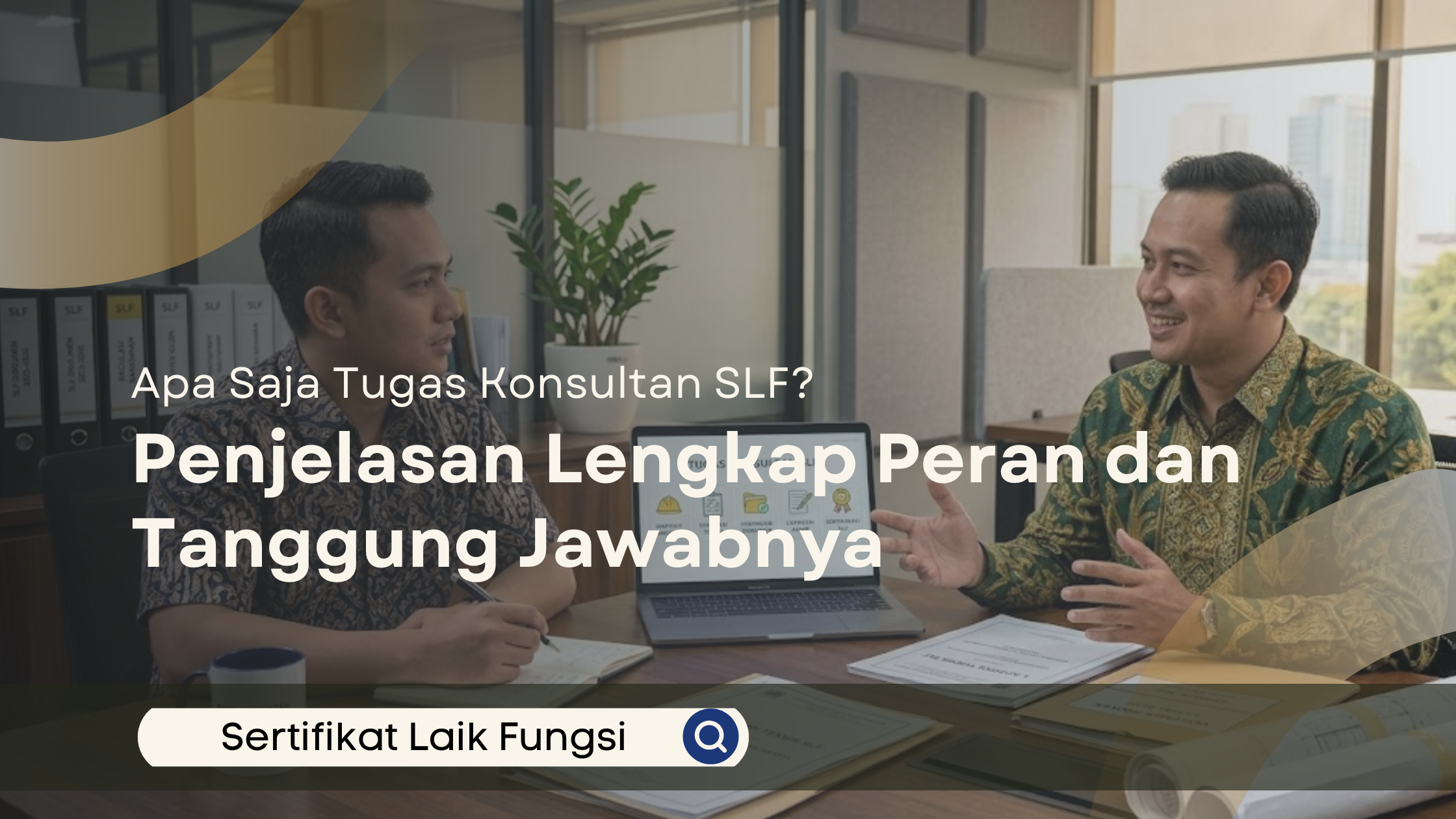 Konsultan SLF menjelaskan tugas dan tanggung jawabnya kepada klien di ruang diskusi kantor modern dengan dokumen teknis dan laptop presentasi di meja.