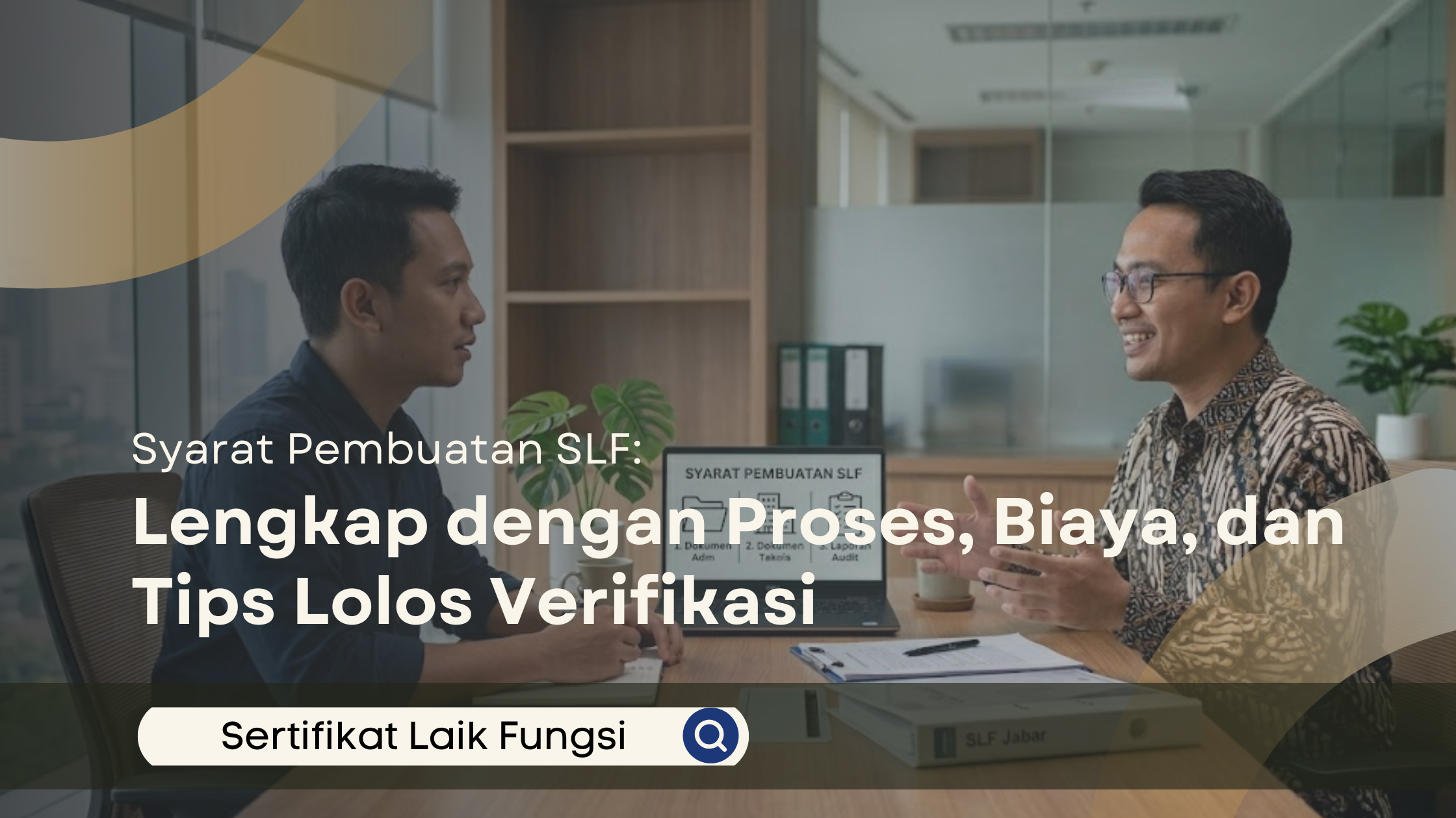 Konsultan profesional menjelaskan syarat pembuatan SLF kepada klien di ruang diskusi kantor modern dengan tampilan checklist persyaratan di layar laptop.