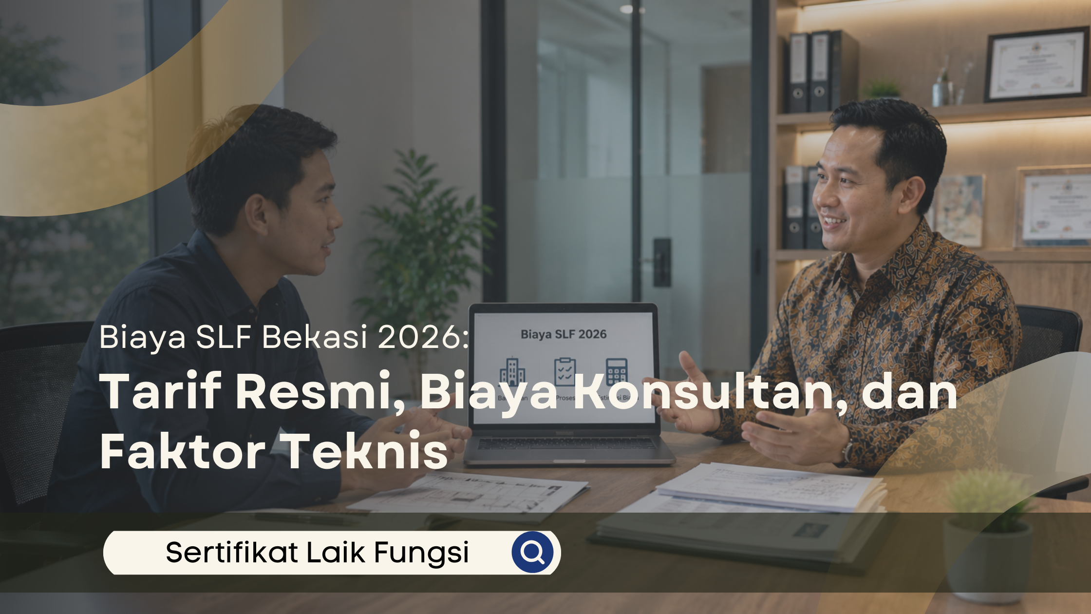 Konsultan SLF Bekasi sedang menjelaskan rincian biaya SLF 2026 kepada klien menggunakan laptop di ruang kantor profesional