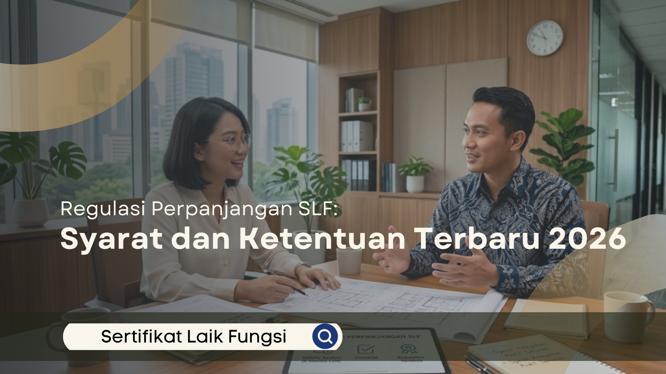 Konsultan SLF Bekasi sedang menjelaskan regulasi perpanjangan Sertifikat Laik Fungsi kepada klien di kantor modern