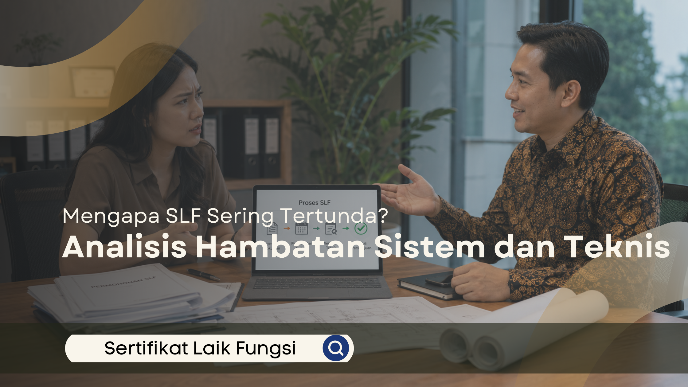 Konsultasi mengenai penyebab keterlambatan proses SLF di ruang kantor modern.