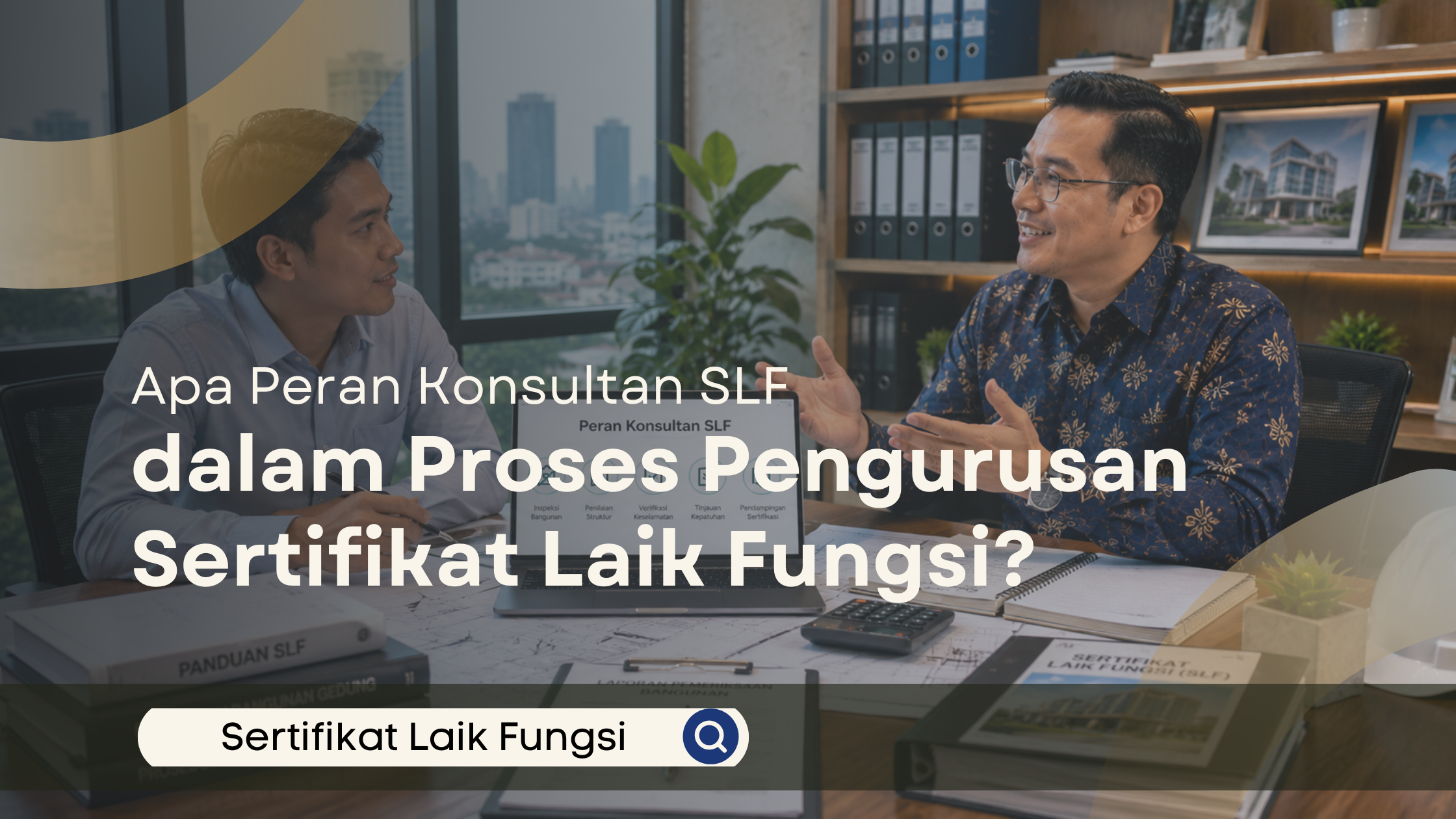 Konsultan SLF menjelaskan proses pengurusan Sertifikat Laik Fungsi kepada klien dalam sesi konsultasi profesional di kantor modern, dengan dokumen teknis dan gambar bangunan sebagai bahan pembahasan.