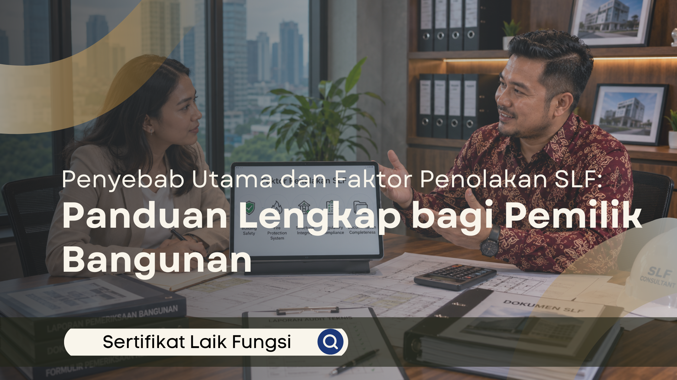 Konsultan SLF menjelaskan faktor-faktor utama penyebab penolakan Sertifikat Laik Fungsi (SLF) kepada klien dalam sesi konsultasi bangunan di kantor profesional.
