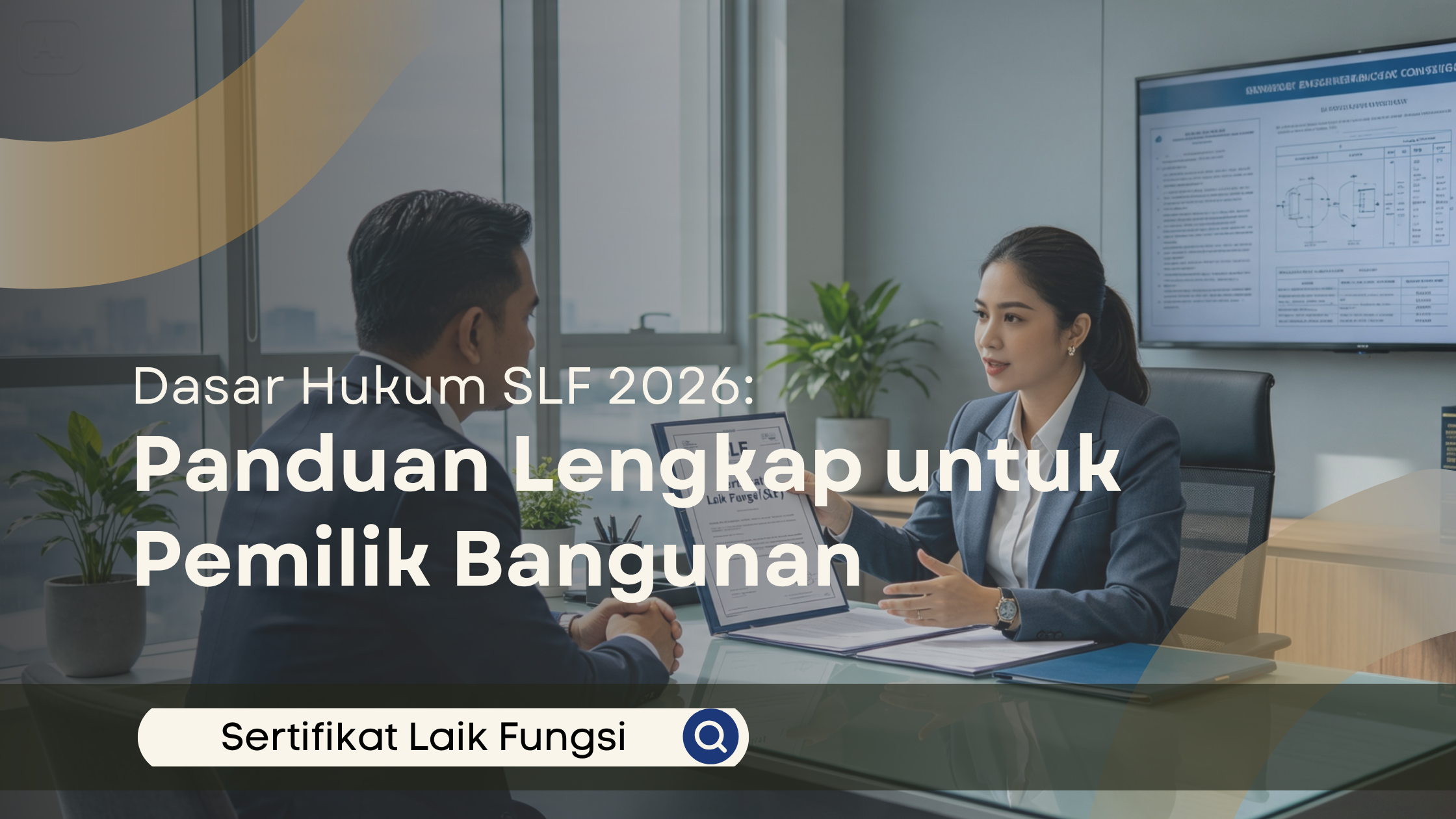 Konsultan wanita menjelaskan panduan dasar hukum SLF 2026 kepada klien di ruang kantor modern