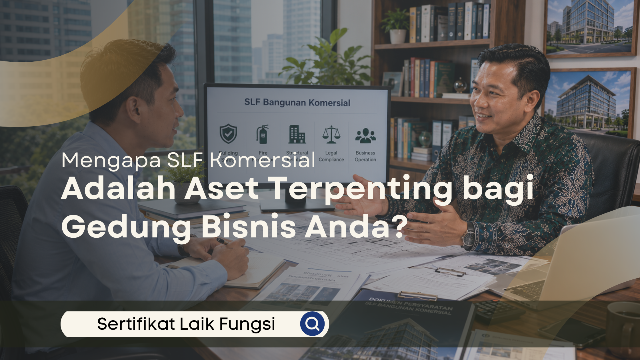 Konsultan menjelaskan pentingnya SLF bangunan komersial kepada pemilik gedung dalam sesi konsultasi.