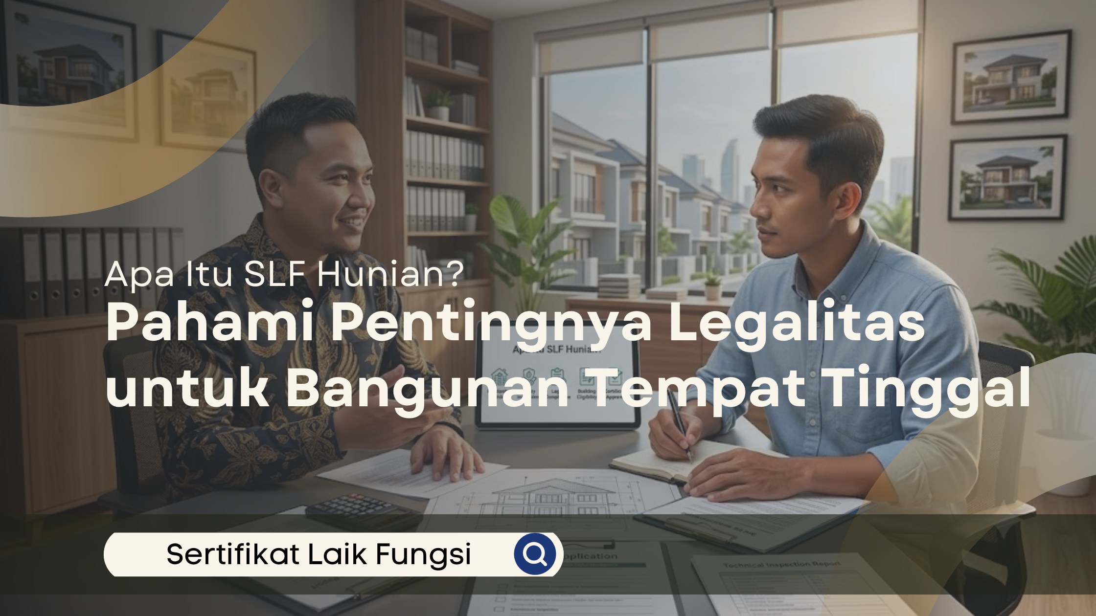 Konsultan SLF menjelaskan pengertian dan pentingnya SLF hunian kepada pemilik rumah dalam sesi konsultasi di kantor modern, sambil meninjau dokumen dan gambar rencana bangunan.