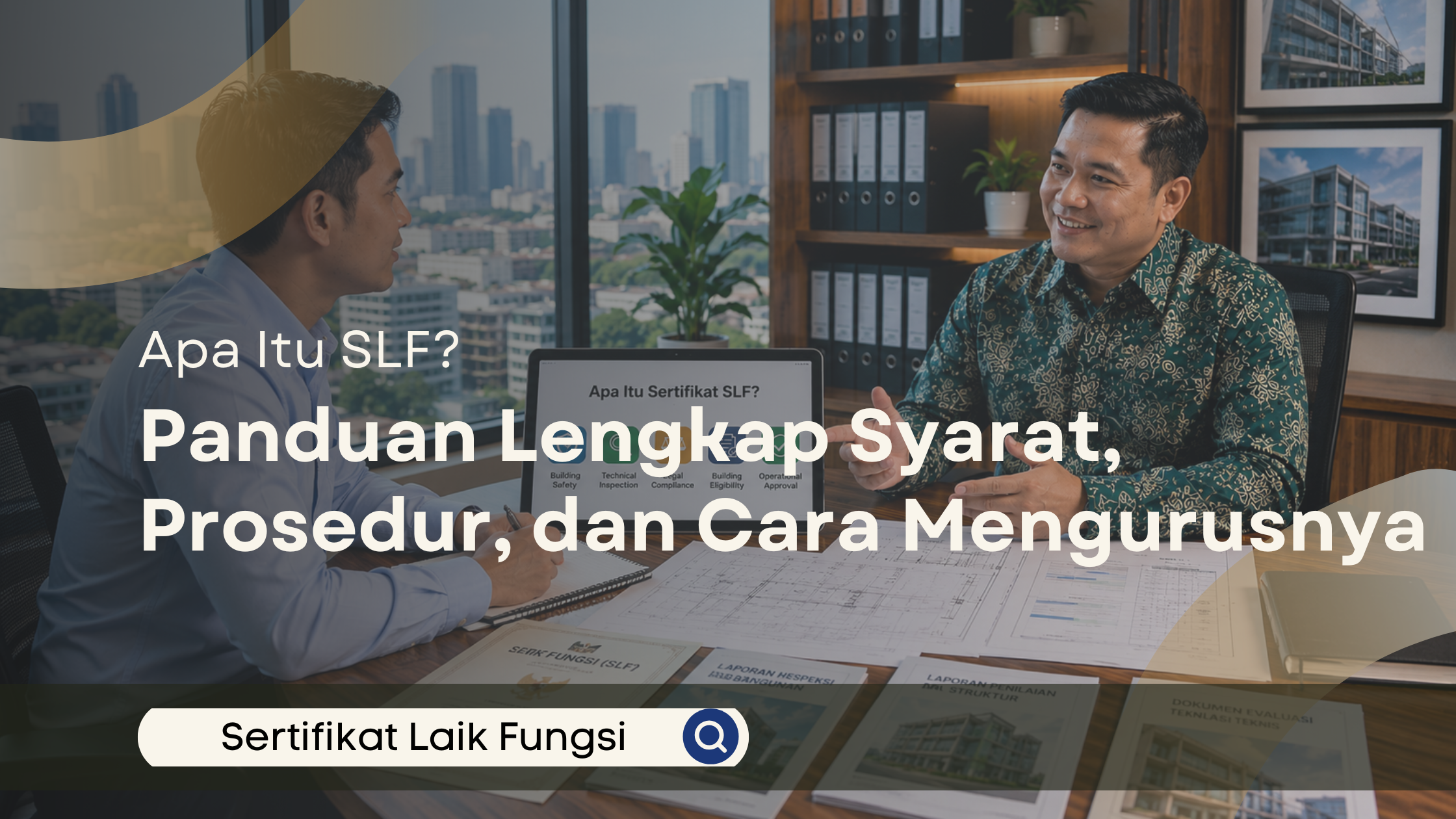 Konsultan menjelaskan pengertian Sertifikat Laik Fungsi (SLF) kepada klien dalam sesi konsultasi sambil meninjau dokumen teknis dan blueprint bangunan.