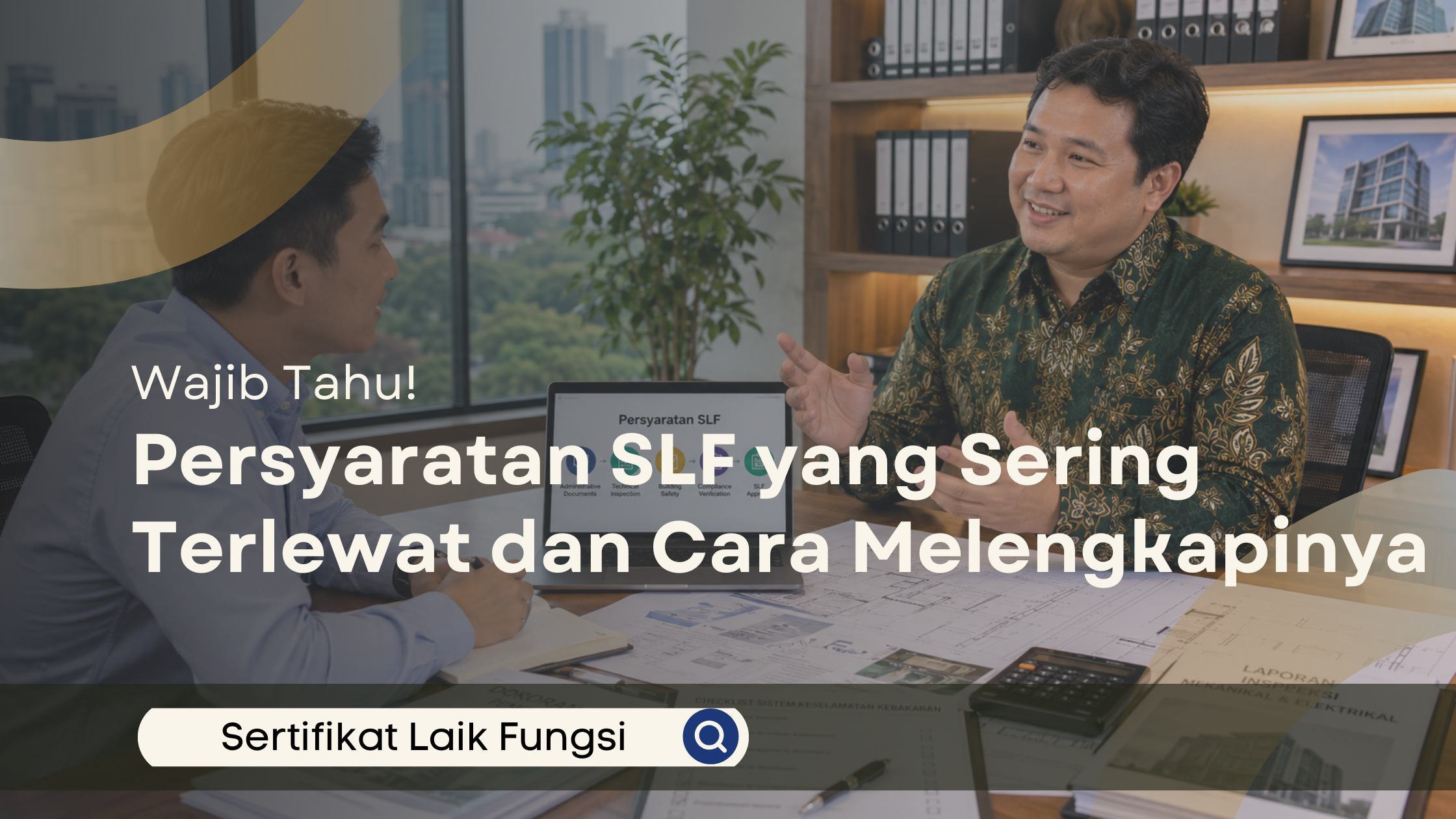 Konsultan SLF menjelaskan persyaratan dokumen dan pemeriksaan teknis kepada klien dalam sesi konsultasi legalitas bangunan di kantor profesional.
