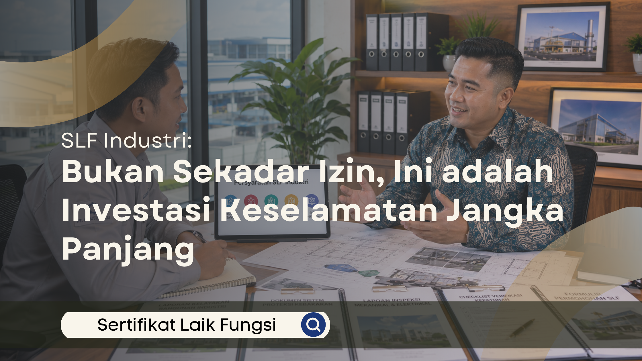 Konsultan SLF menjelaskan persyaratan dan manfaat sertifikat laik fungsi industri kepada pemilik bangunan industri dalam sesi konsultasi profesional di kantor modern.